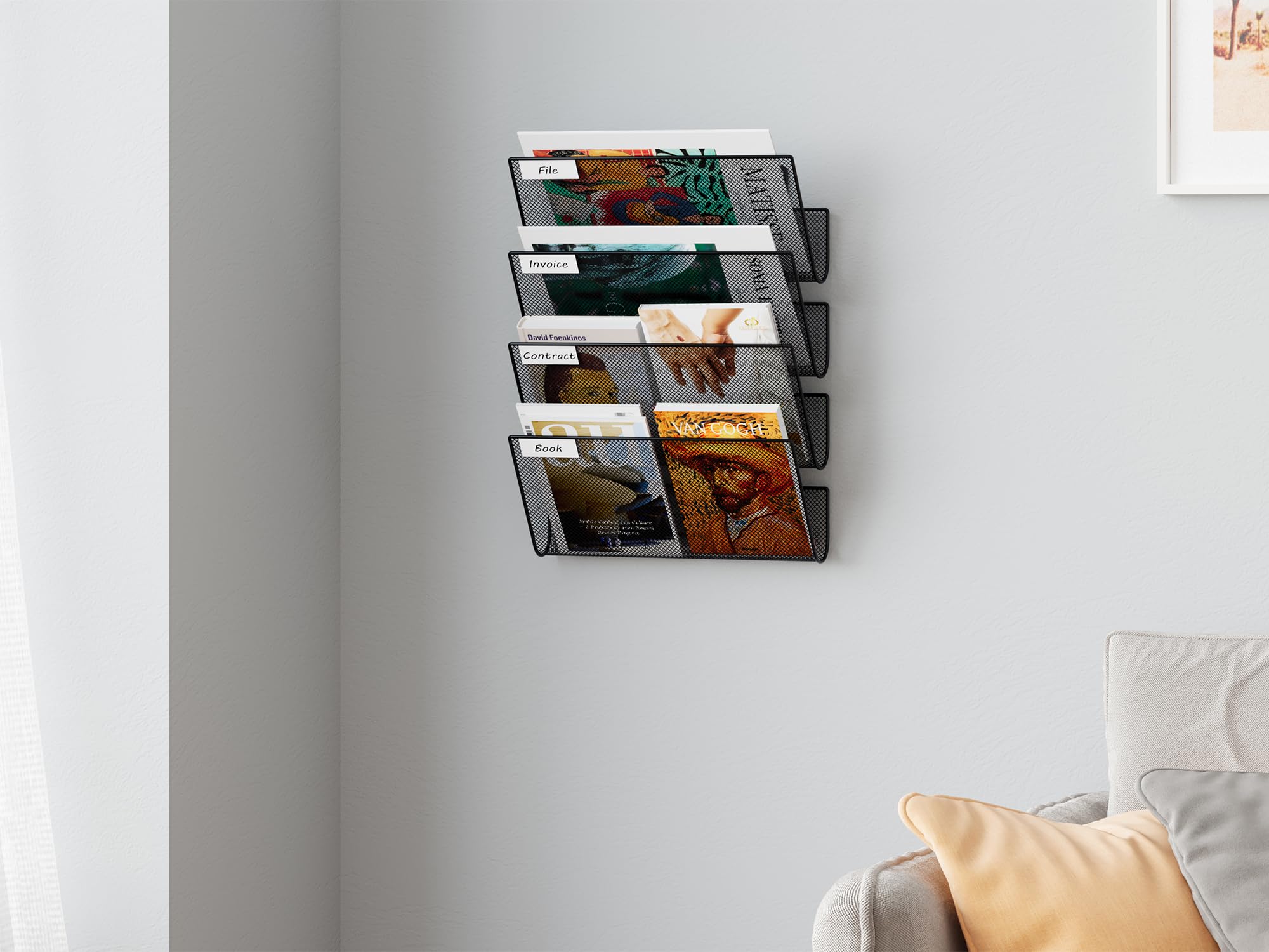 EasyPAG 4 Compartiments Assembler Métal Maille A4 Porte Document Mural Porte Revue Suspendu Organisateur de Bureau à Suspendre Banette de Rangement Range Papier Corbeille a Courrier Murale,Noir