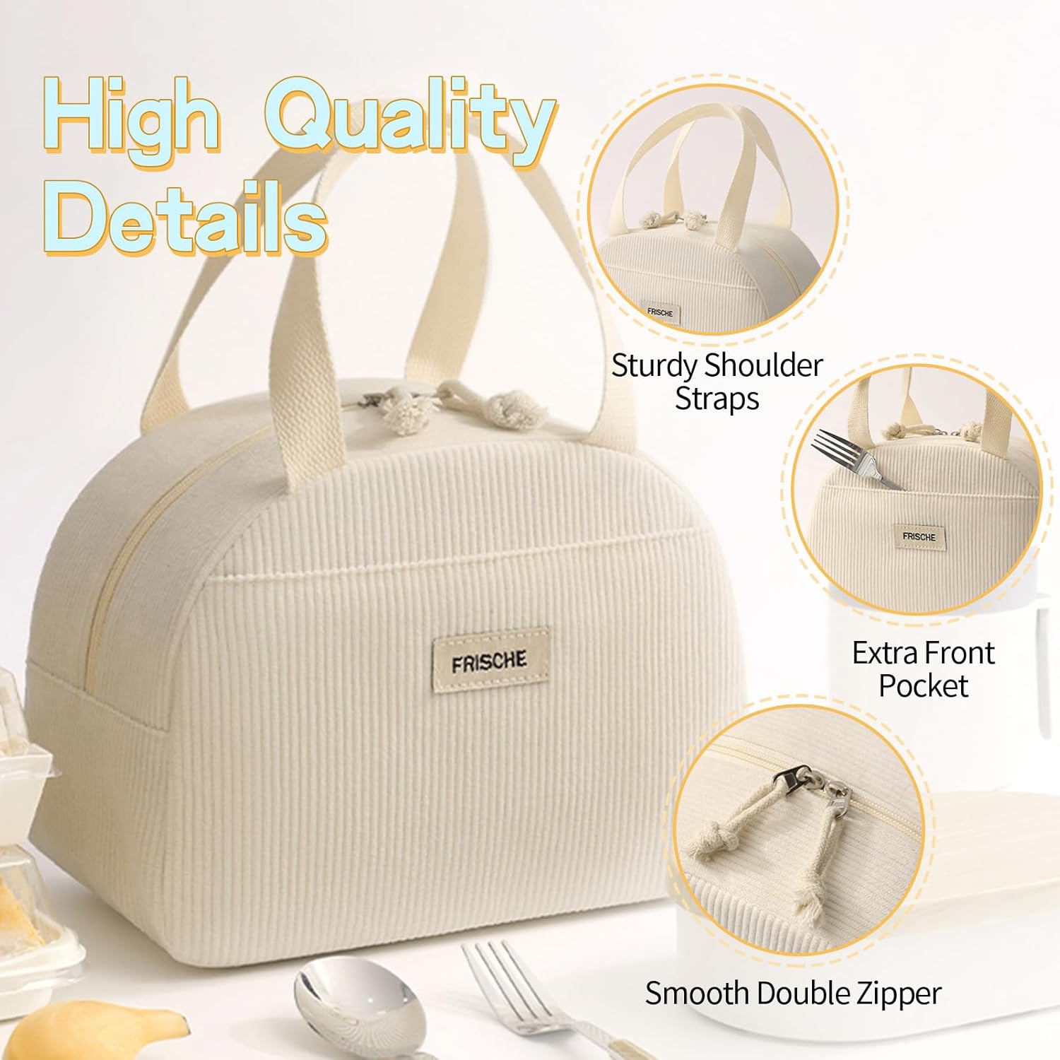 Corduroy Lunch Bag for Women Men Cute Lunch Tote Bags Reusable Insulated Lunch Box Large Capacity Reusable Insulated Cooler for Work/Picnic/Travel (Corduroy Beige) - Image 2
