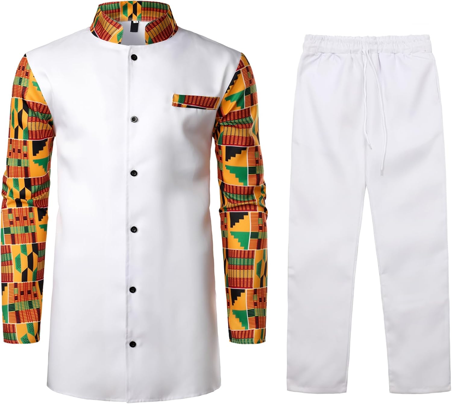 ZEROYAA Men's Kente Print Suit Long Sleeve Button up African Dashiki Shirt and Pants Ethnic 2 Piece Outfit