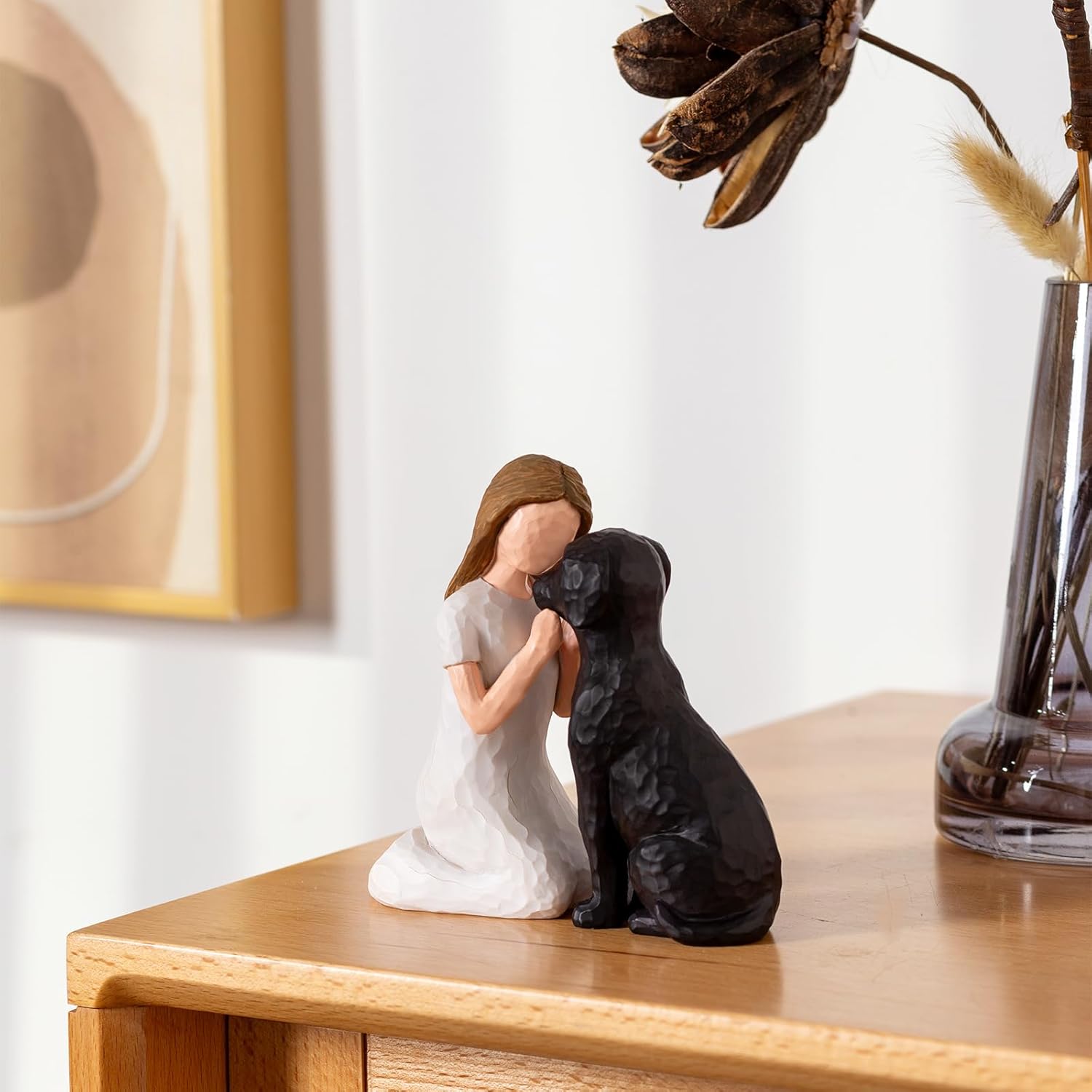 Pet Memorial Figurine for Dog Lovers, Hand-Painted Black Dog Statue, Girl and Pet Keepsake, Friendship Remembrance Gift, Sympathy Memorial for Loss of Beloved Pet（Black）