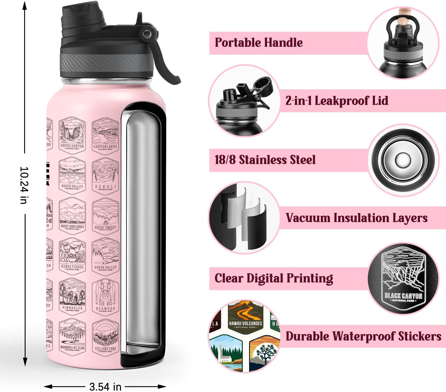 Nefeeko 32oz National Parks Water Bottle - Insulated Adventure Bottle with Waterproof Stickers | Leakproof Lid & Dual Straw/Spout | USA Bucket List Gift for Hikers, Camping & Outdoor Enthusiasts