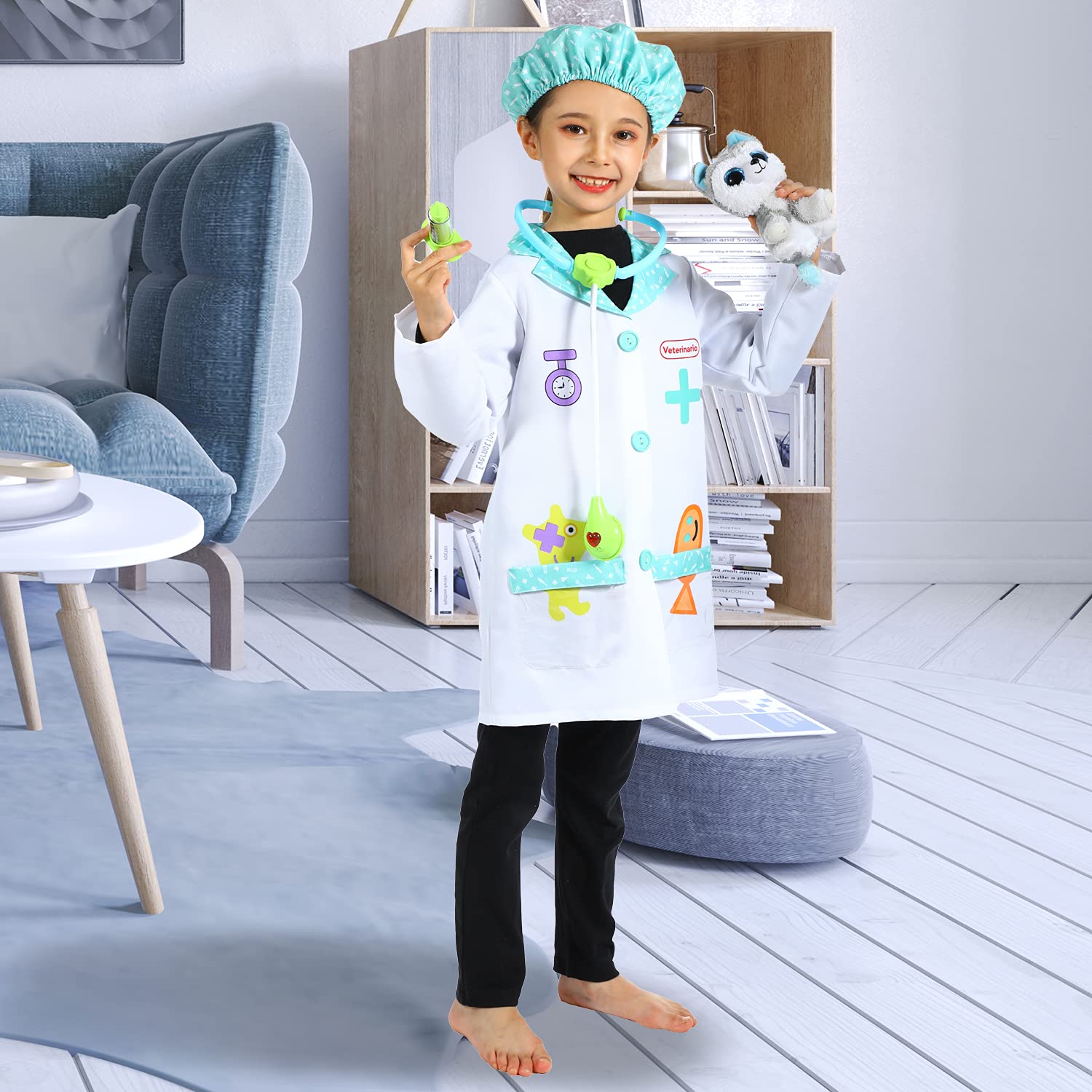 Sincere Party Costume da gioco di ruolo veterinario,Set di cappotti da laboratorio veterinario per bambini,Paziente animale peluche incluso 5-7 anni