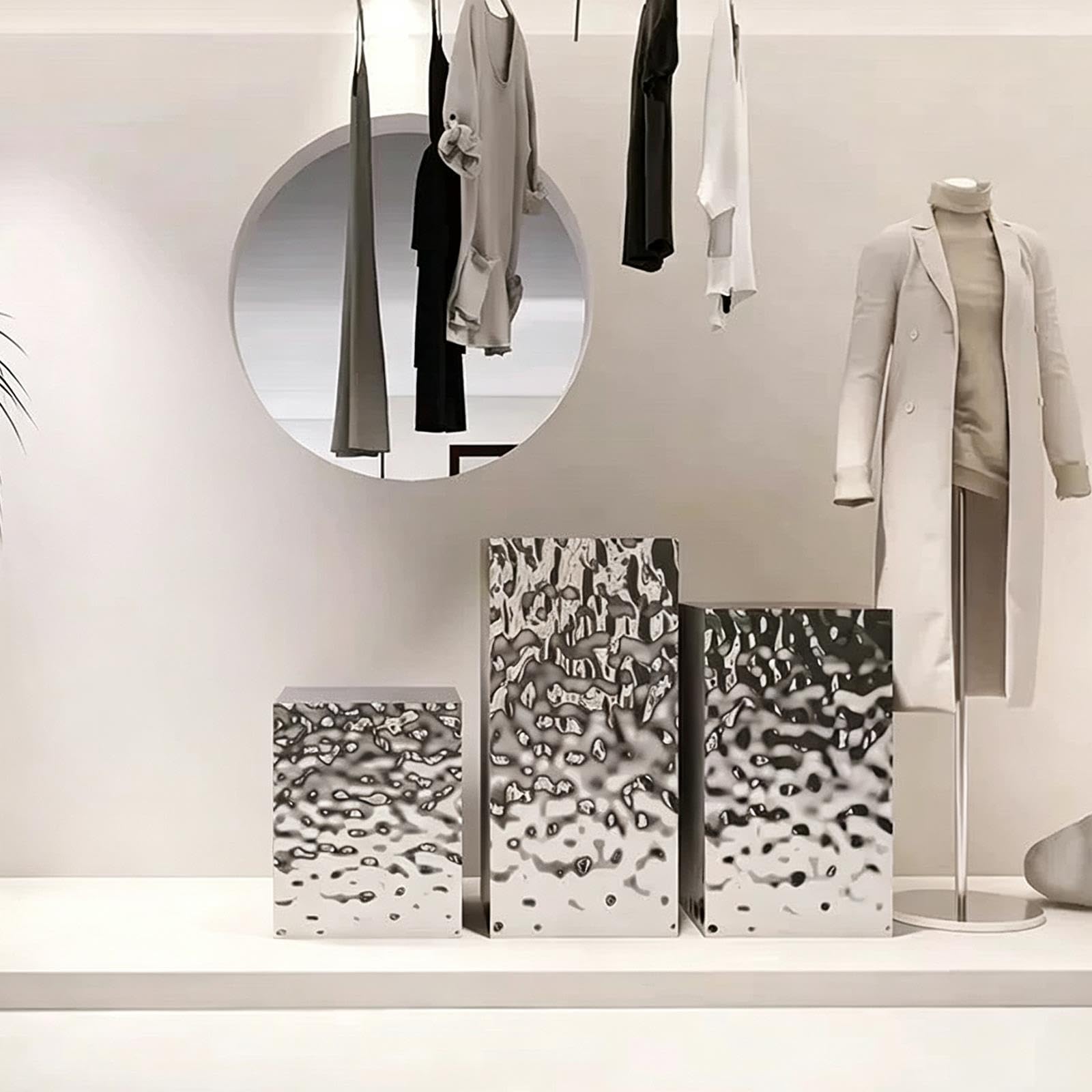 3-teiliges Set quadratischer Podeste für Partys und Events – Präsentationssäulen für Dekoration, Einzelhandel oder Skulpturen – Design mit Wasserwellen-Optik – Tortenständer