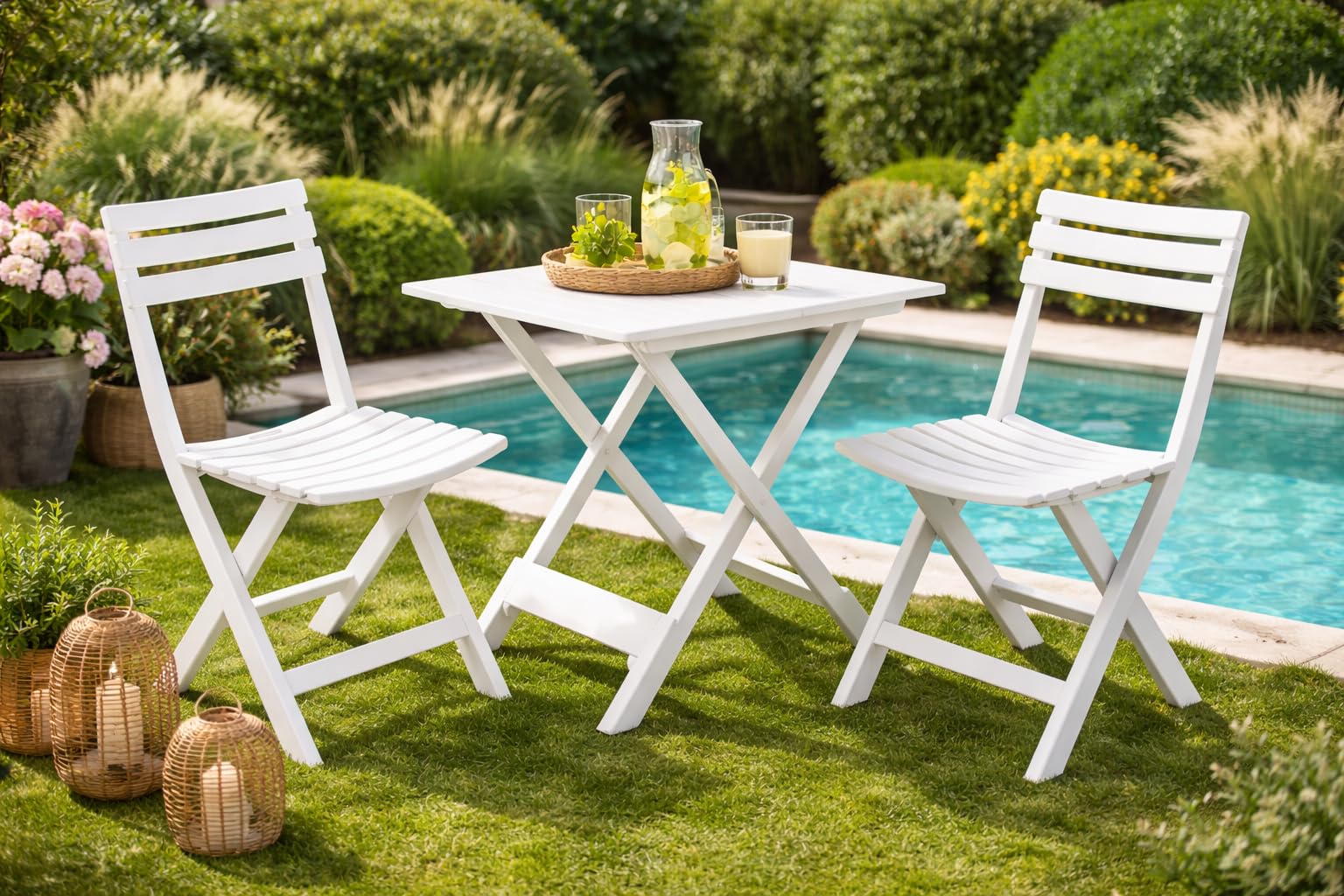 KURIL Conjunto Mesa y 2 Sillas Plegables de Jardín – Set Bistro Exterior para Terraza, Balcón o Piscina – Muebles de Jardín Plegables Resistentes y Compactos