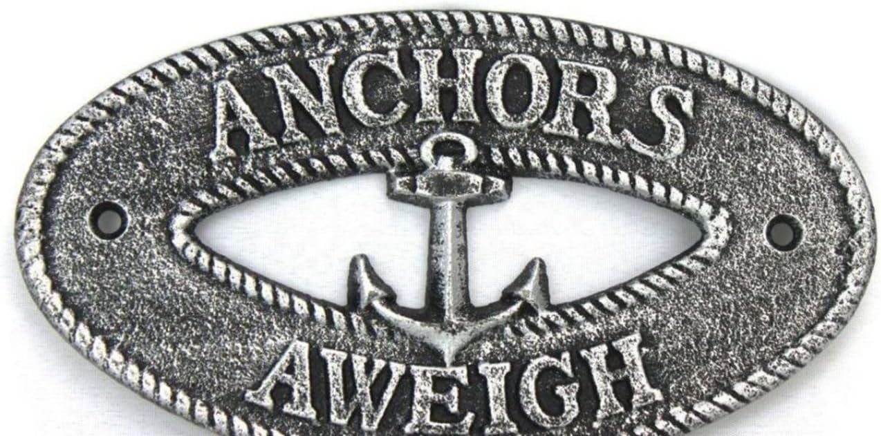Hampton Nautical K-9306-silver Antique Silver Cast Iron Anchors Aweigh with Anchor Sign 8" - Decorative Metal Wall Art - Cast Iron