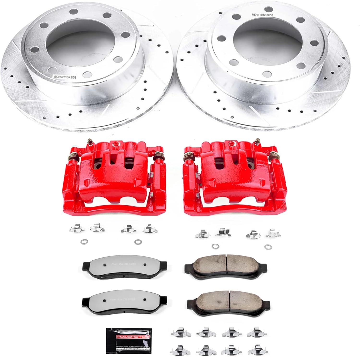 PowerStop Rear Brake & Caliper Kit For Ford F-250 Super Duty 2007-10 | Ford F-350 Super Duty 2007-10 - Drilled and Slotted Truck & Tow Disc Rotors with Ceramic Brake Pads Upgrade, KC1798-36