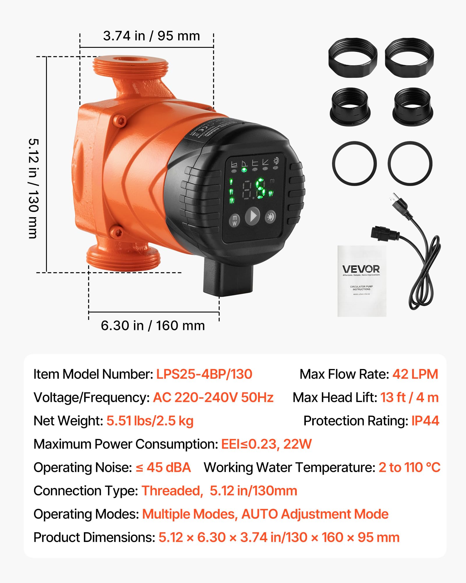 VEVOR Pompa di Circolazione ad Alta Efficienza LPS25-4BP/130, 42 LPM, per Acqua Calda in Ghisa con Prevalenza Massima di 4 M, Attacco Filettato, Valvola di Ritegno, per Impianto di Riscaldamento