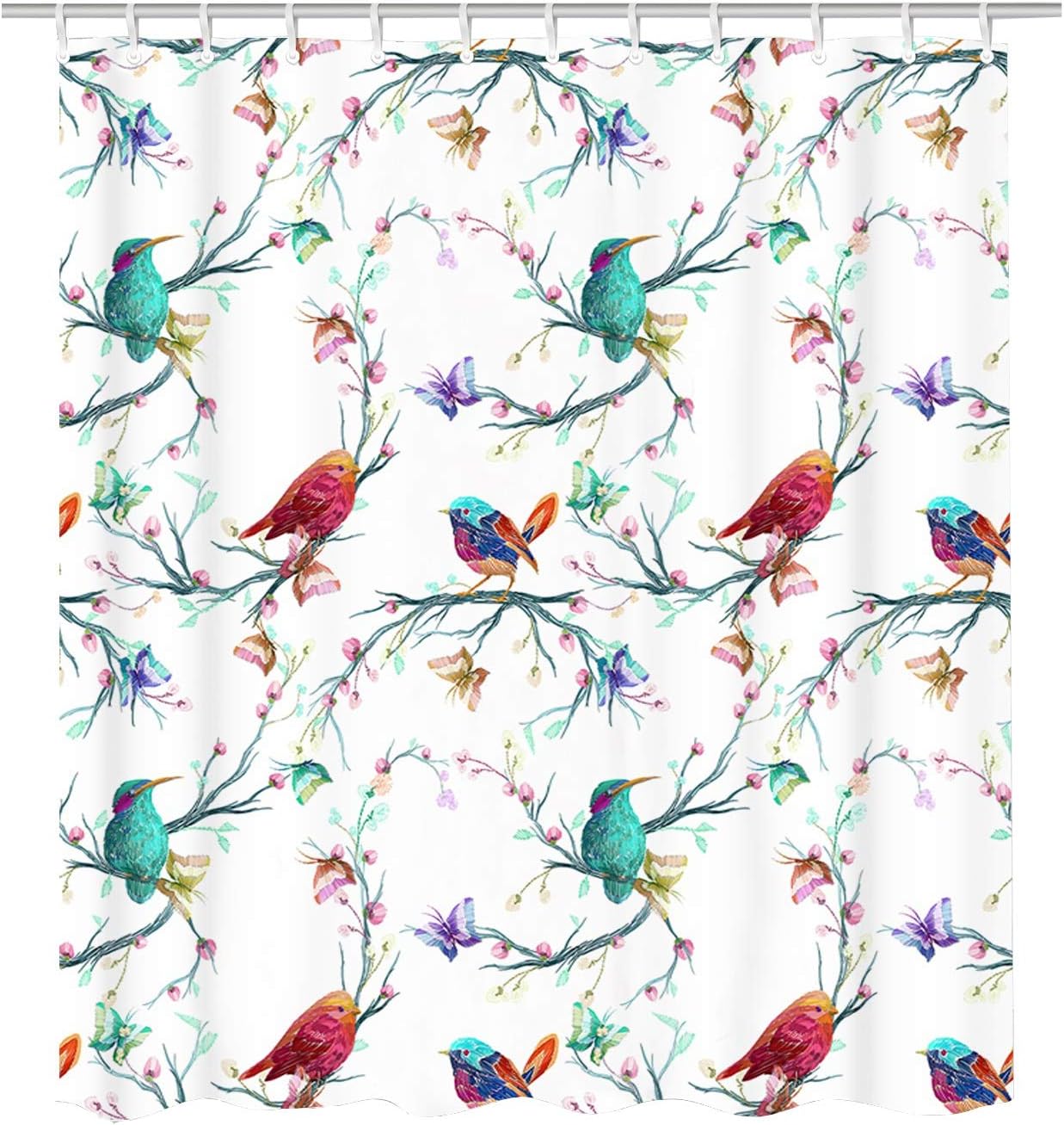 AO blare Bird Shower Curtain Watercolor Elements Flower Bird Branches Flowers Butterfly Polyester Shower Curtain Set with Hooks 72 X 72 Inches