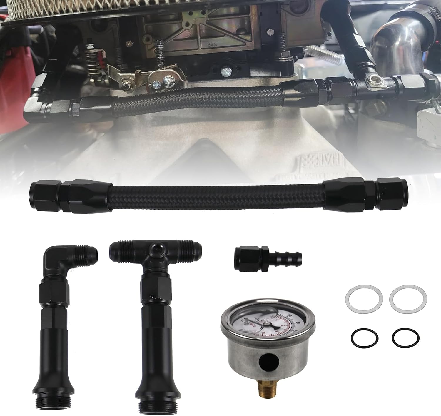 AN6 Dual-Feed Fuel Line Kit w/ 0-150 PSI Pressure Gauge - Compatible with Holley 4150 Carburetor - Stainless Steel Braided Hose
