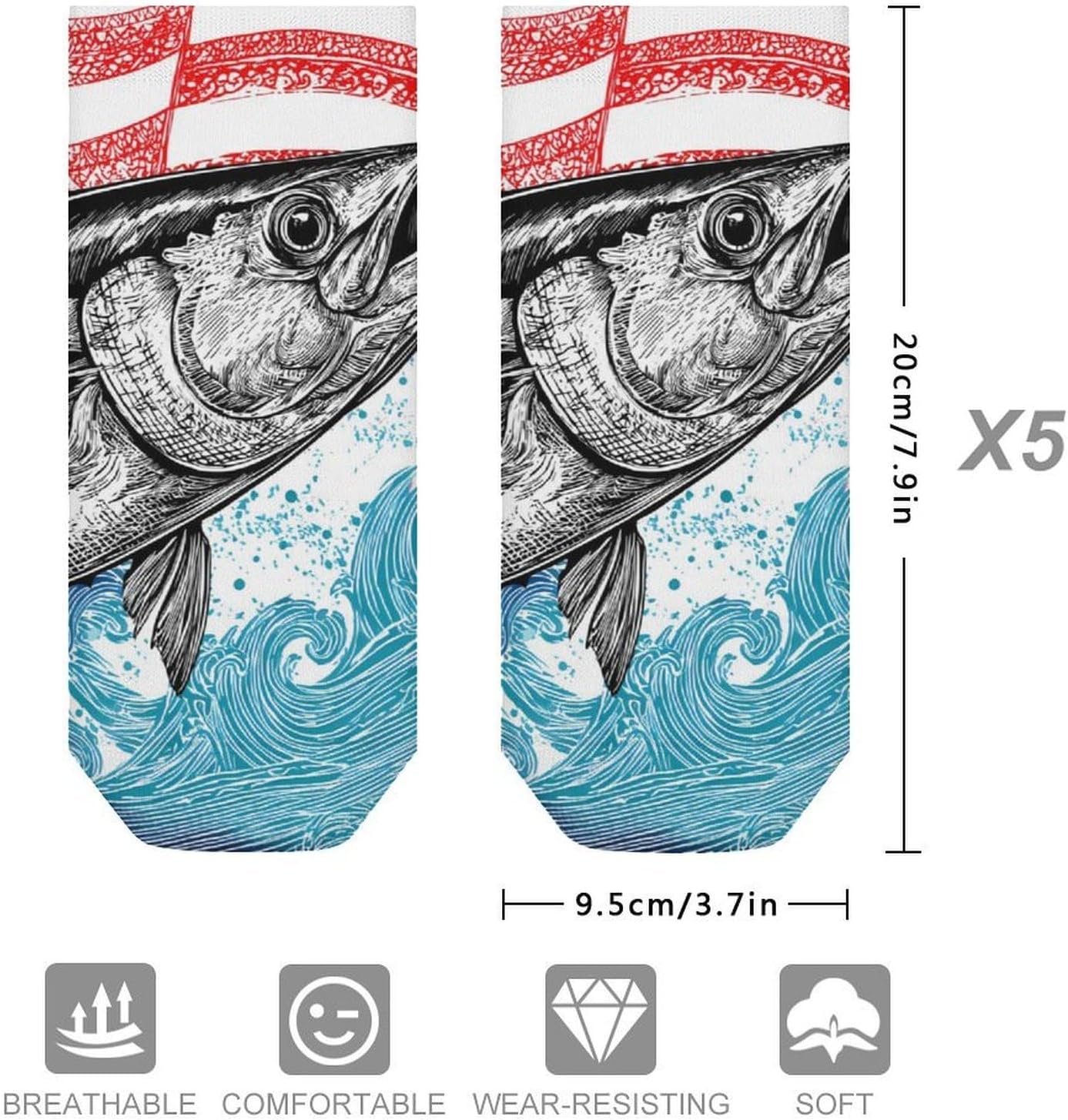 Tuna Fish U.S.A. Flag Wave No Show Ankle Socks Low Cut Non Slip Flat Boat Line 5 Pairs Set