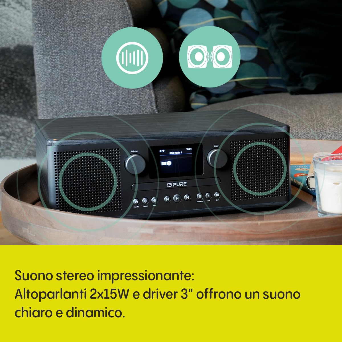 Pure Classic C-D6i Radio Internet All-in-One WiFi DAB+/FM Bluetooth 5.3 Lettore CD USB AUX Audio Stereo 2x15W Display Colori Sveglia Sleep Timer Nero