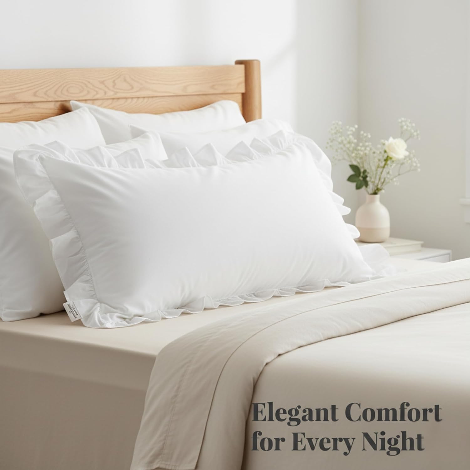 Empire Ruffled Cotton Pillow Covers - Set of 2 | Decorative Farmhouse Style Pillowcases with Hidden Zipper | Multiple Sizes & Colors (White, 20x36 (King))