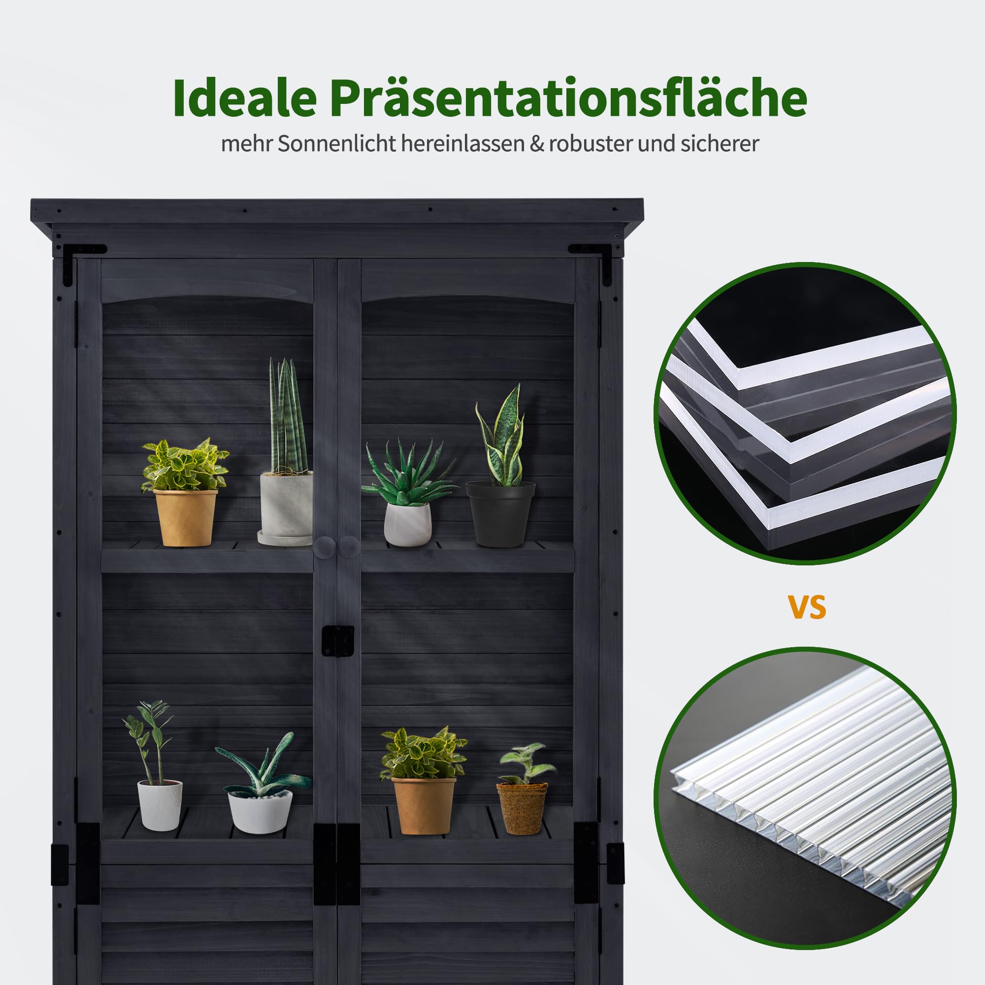 M MCombo Gartenschrank Holz 0120, Gerätehaus Wetterfest Klein, Outdoor Gartenhaus Geräteschuppen für Außenbereich Terrasse Balkon, 87×46×160 cm, (Anthrazitgrau)