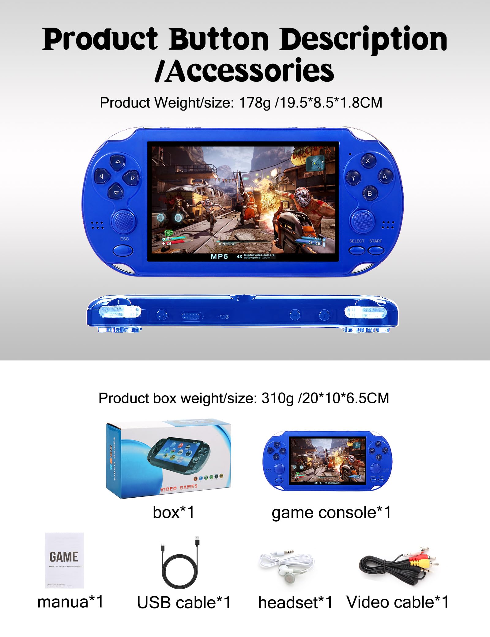 CZT Console de Jeux vidéo 4,3 Po 8 Go intégrée à 2100 Jeux gratuits pour Plusieurs simulateurs Console de Jeu Portable Vidéo/Musique Ebook Sortie TV Le Jeu Peut être archivé Cadeaux de Noël