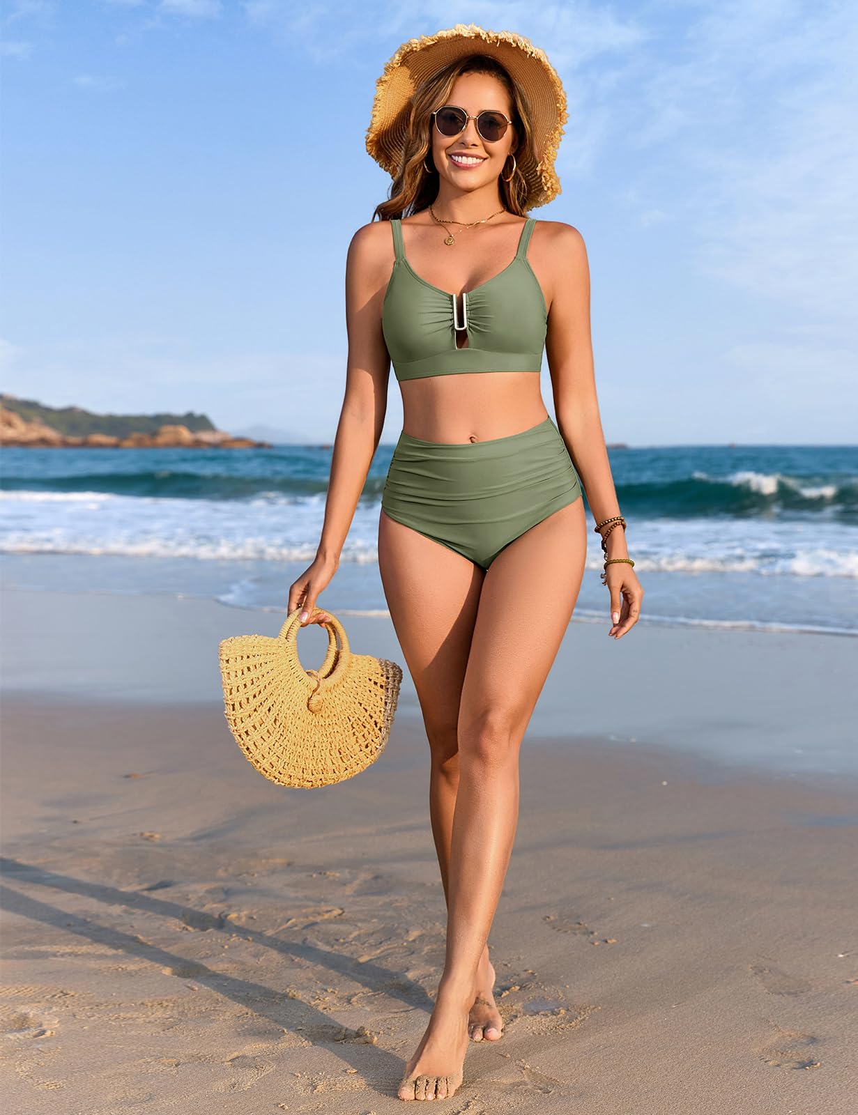 UMIPUBO Maillot de Bain Femme 2 Pieces Bikini Set Gainant Ventre Plat Push Up Haute Taille Culotte Grande Métal Décolleté en U Deux Pièces