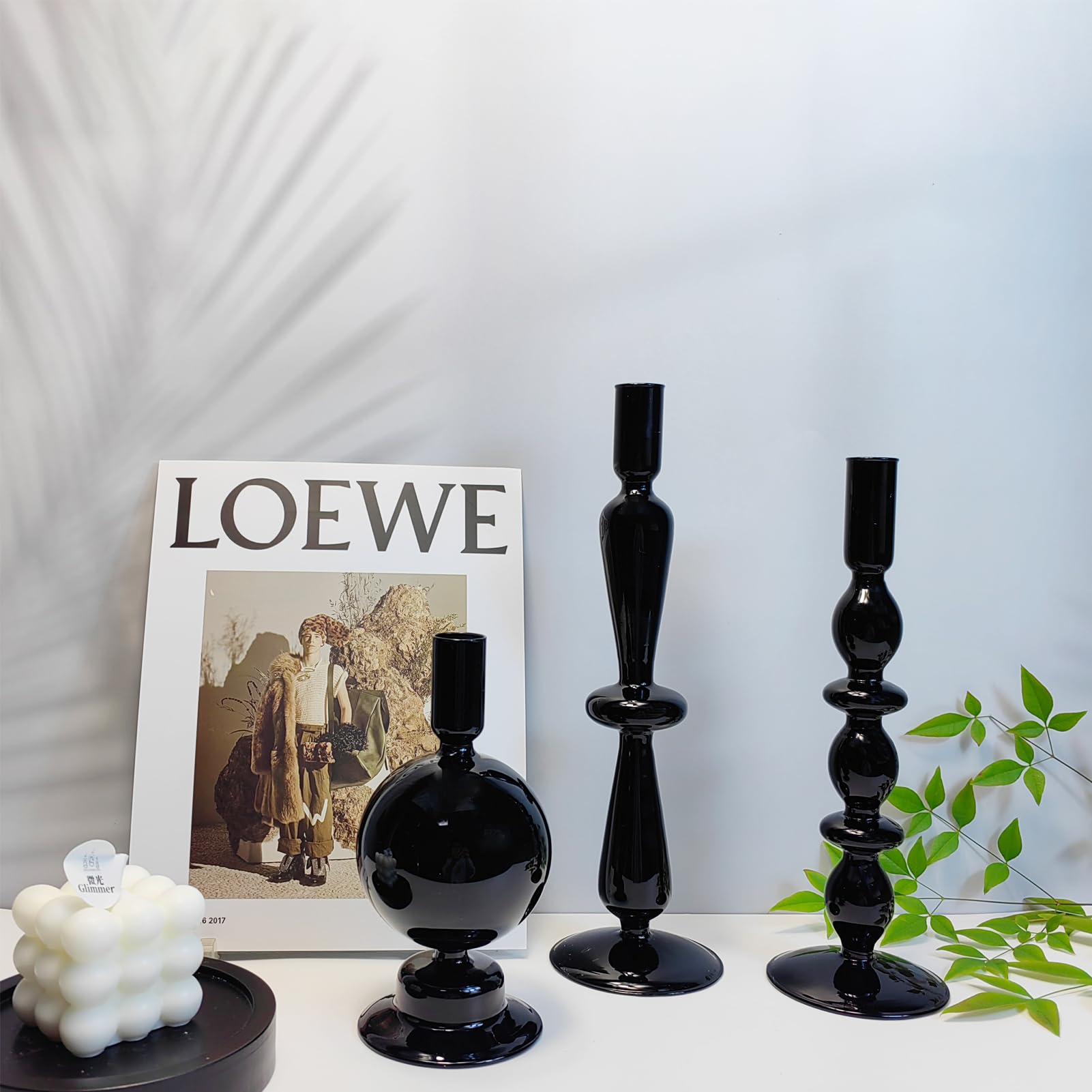 Candle Holders,Candlestick Holders,Black Glass Candle Holder Taper Candle Holders Retro Candlestick Holder Table Top Candle Holder for Table Centerpiece Modern Decor for Wedding and Party (Color : Bl