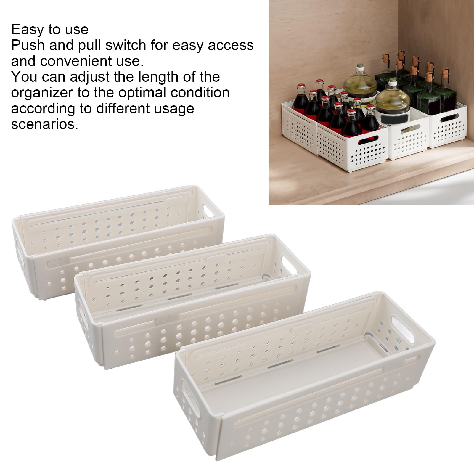 3pcs contenedores de almacenamiento retráctiles expandibles, organizador de ahorro de espacio apilable con manijas, cajas de almacenamiento multifuncionales para el baño (Grande)