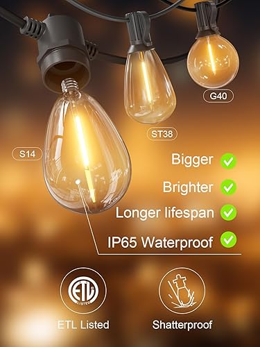 Miniatura 6 de Svater Guirnalda de luces para exteriores de 100 pies, patio para exteriores con bombillas S14 inastillables, luz LED colgante impermeable para