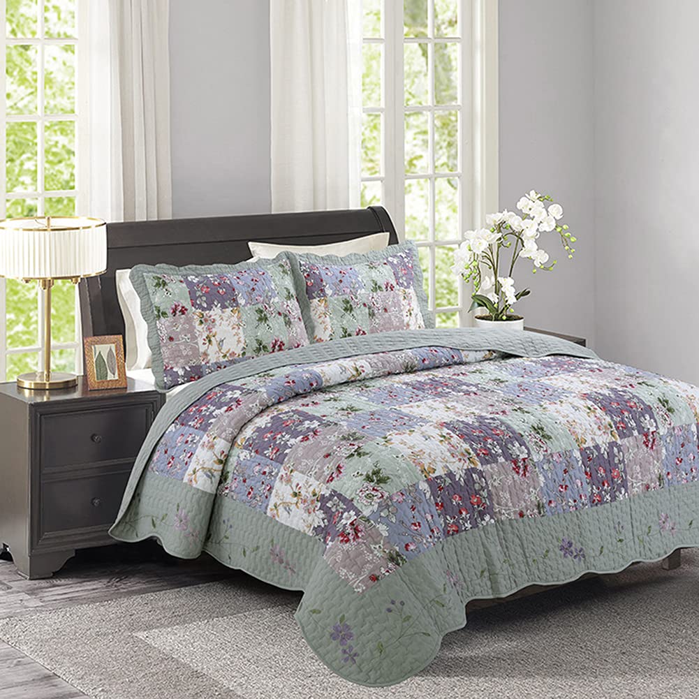Juego de Colcha King Size 240x260cm Colcha Acolchada Floral con 2 Fundas de Almohada para Cama Doble