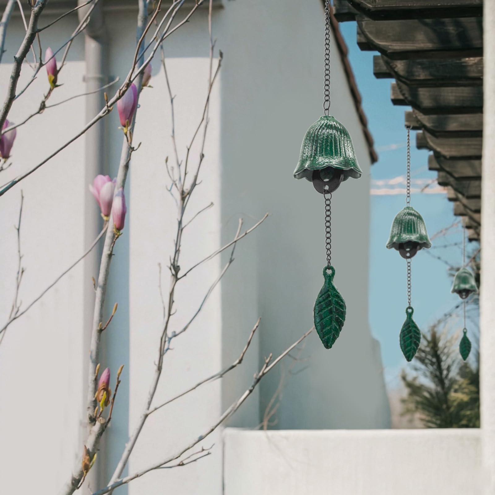 Japanisches Blatt-Windspiel, kleine Windglocke, Anhänger zum Aufhängen im Freien, Gusseisen, Windspiel, Ornament für Segen, Garten, Hinterhof, Heimdekoration (Grün)
