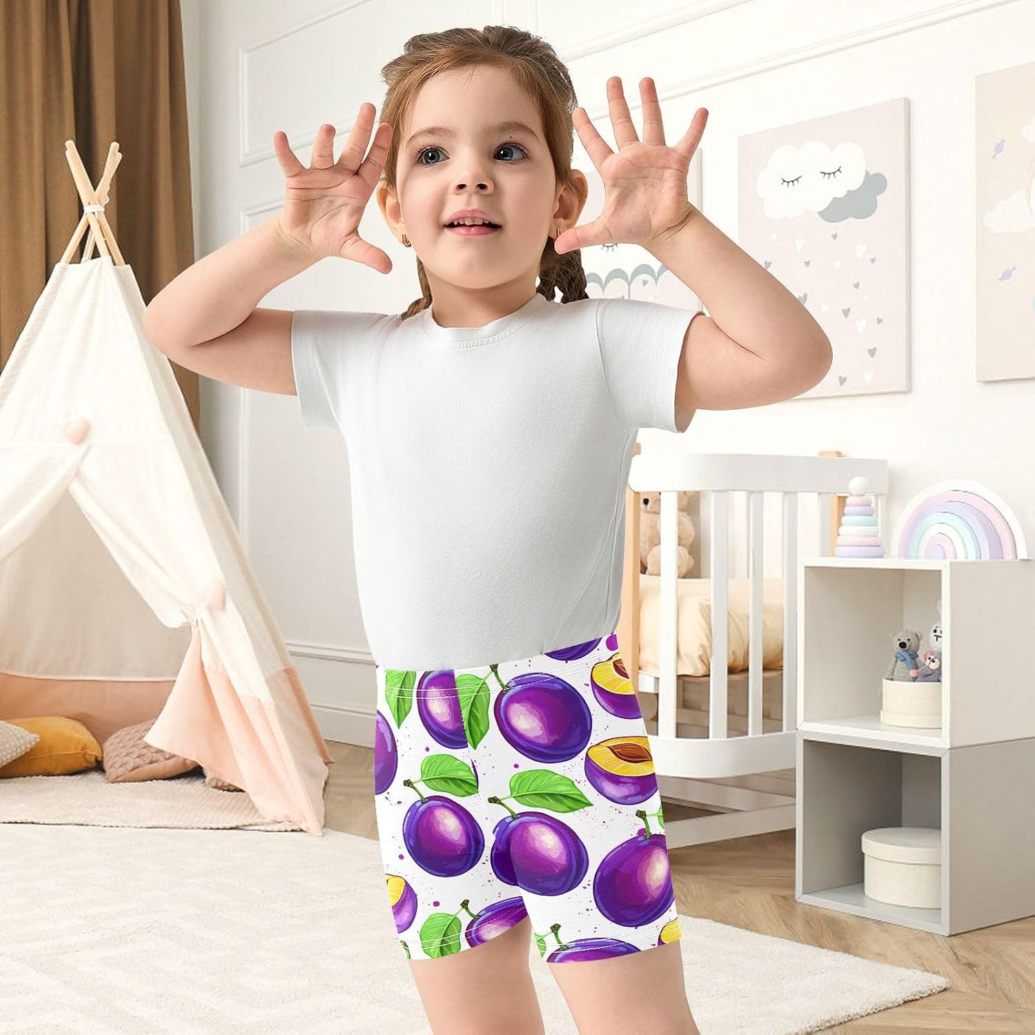 Plum Fruit Leaves White Girls Bike Shorts Toddler Soft Cotton Active Biker Shorts