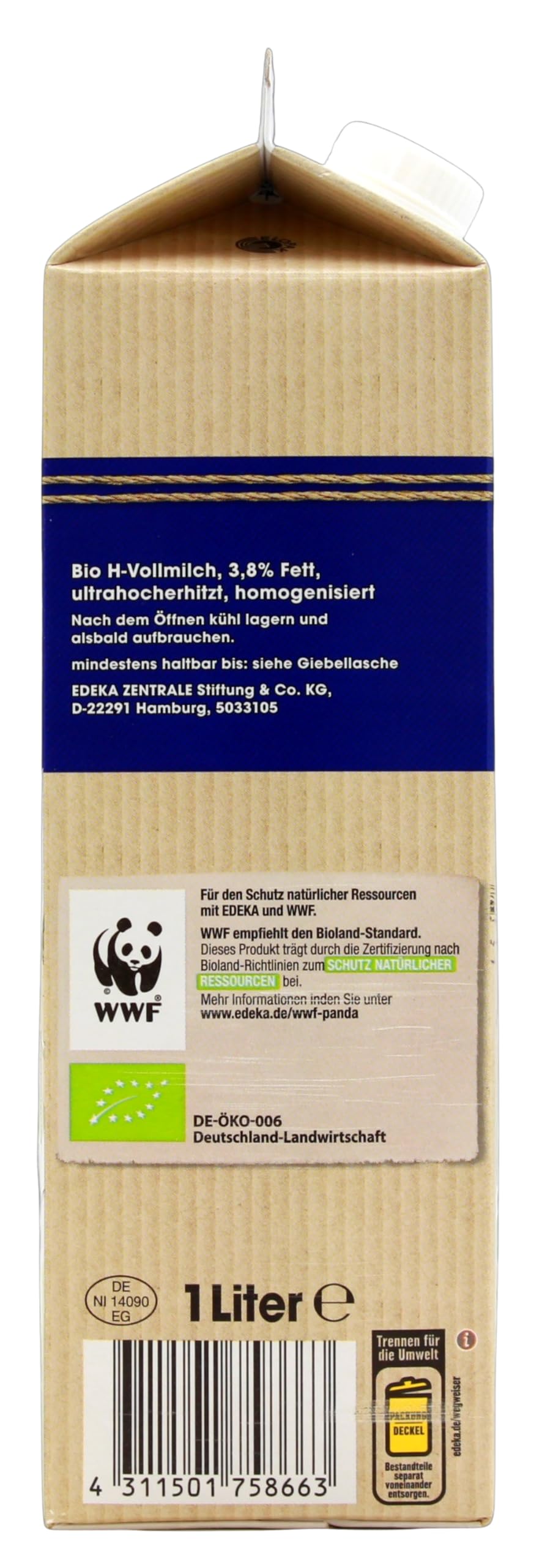 Edeka Bio H-Vollmilch 3,8% Fett, 10er Pack (10 x 1 l)