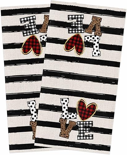 2 Packs Kitchen Towels and Dishcloths Sets, Love Heart Black Striped Leopard Print Valentine's Day 18 x28 Inch Cotton Dish Towel, Absorbent Quick
