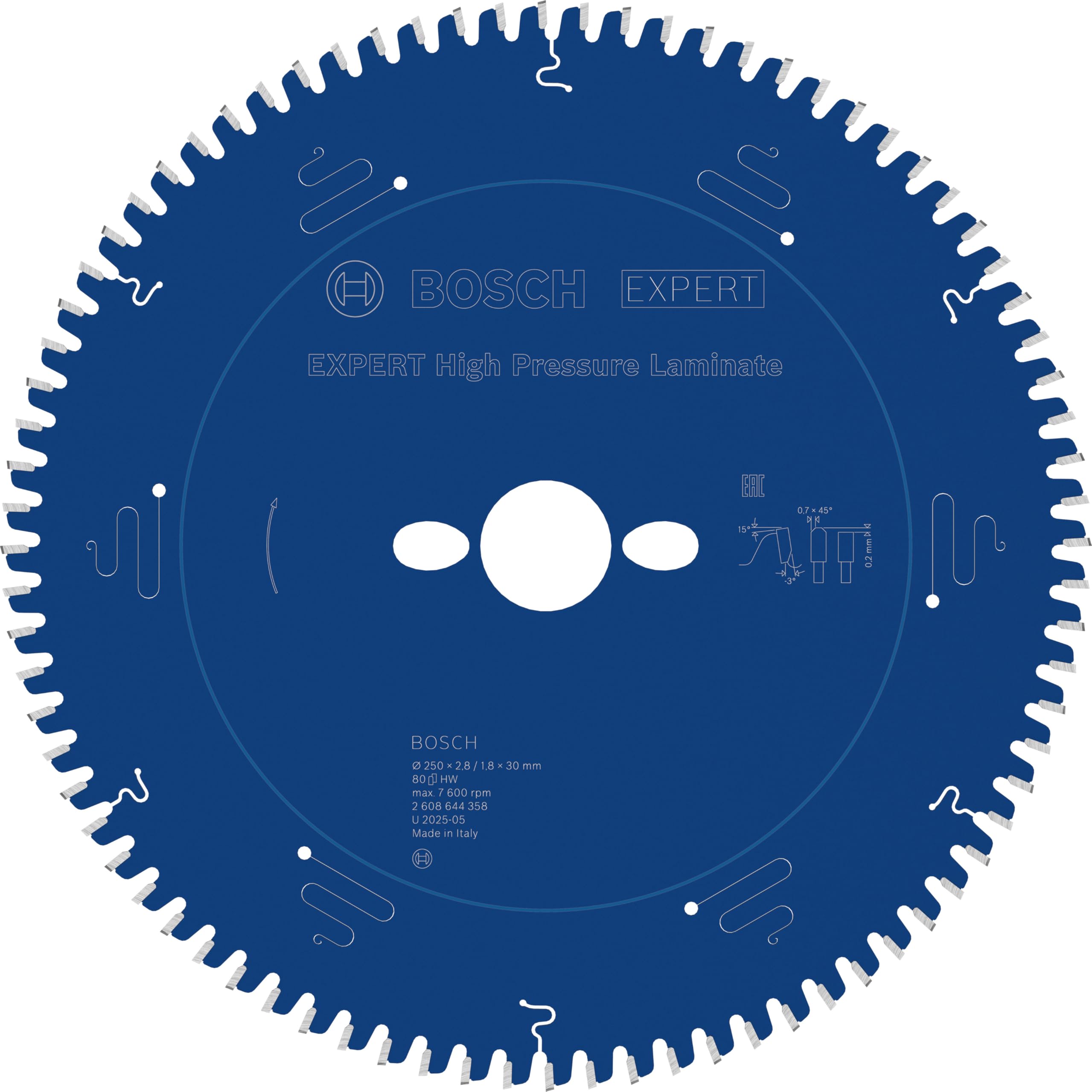 Bosch Professional 1x Kreissägeblatt Expert for High-Pressure Laminate (für Hochdruck-Schichtpressstoffplatten, Sägeblatt Ø 250 x 30 x 2,8 mm, Zähne 80, Zubehör Tischsägen)
