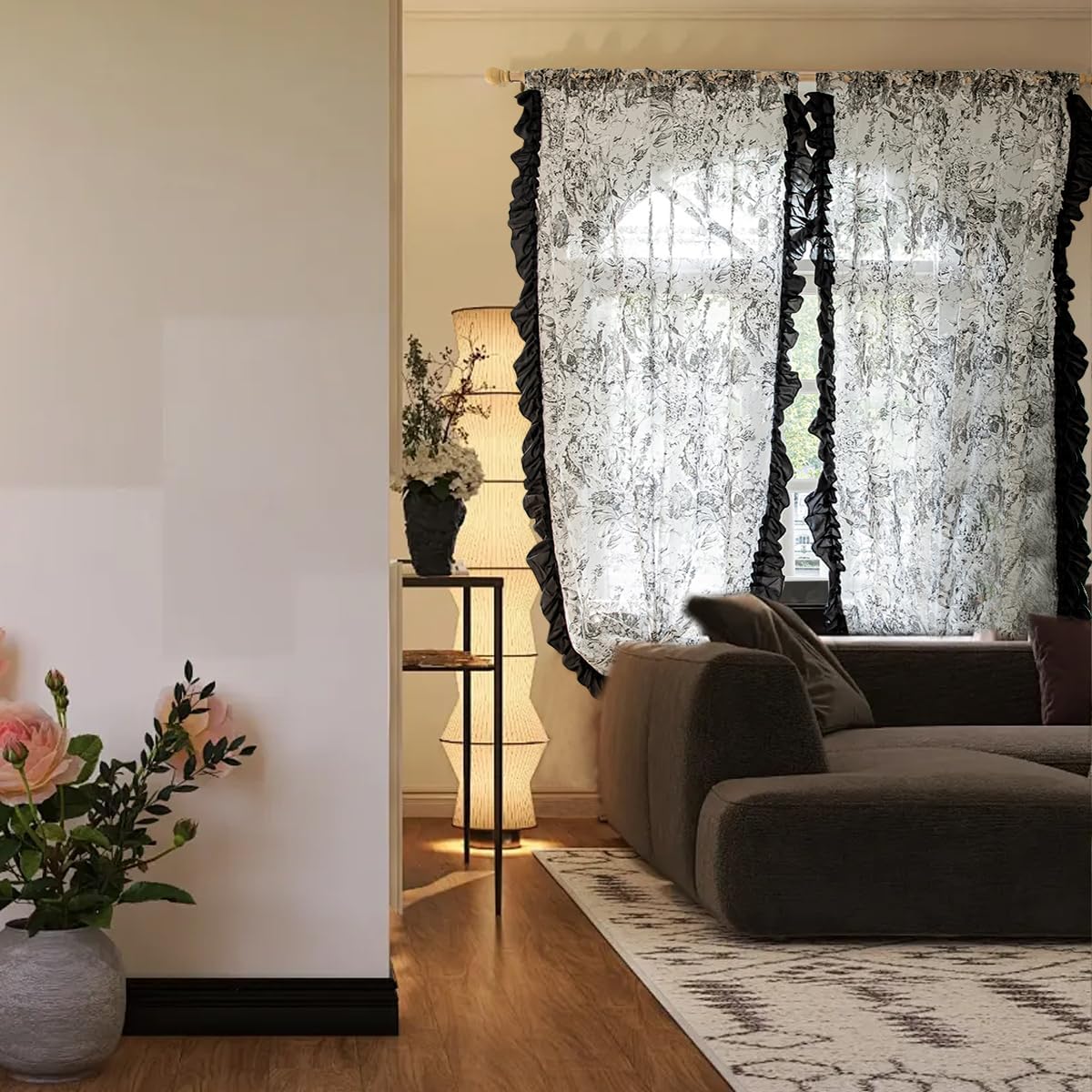 ENJOYBRIDAL Floral 63 Inch Curtains for Bedroom Boho Drapes Lace Trim Farmhouse Light Filtering Rod Pocket Window Curtains 2 Panels Short Scalloped Edges Sheer Living Room Window Treatments