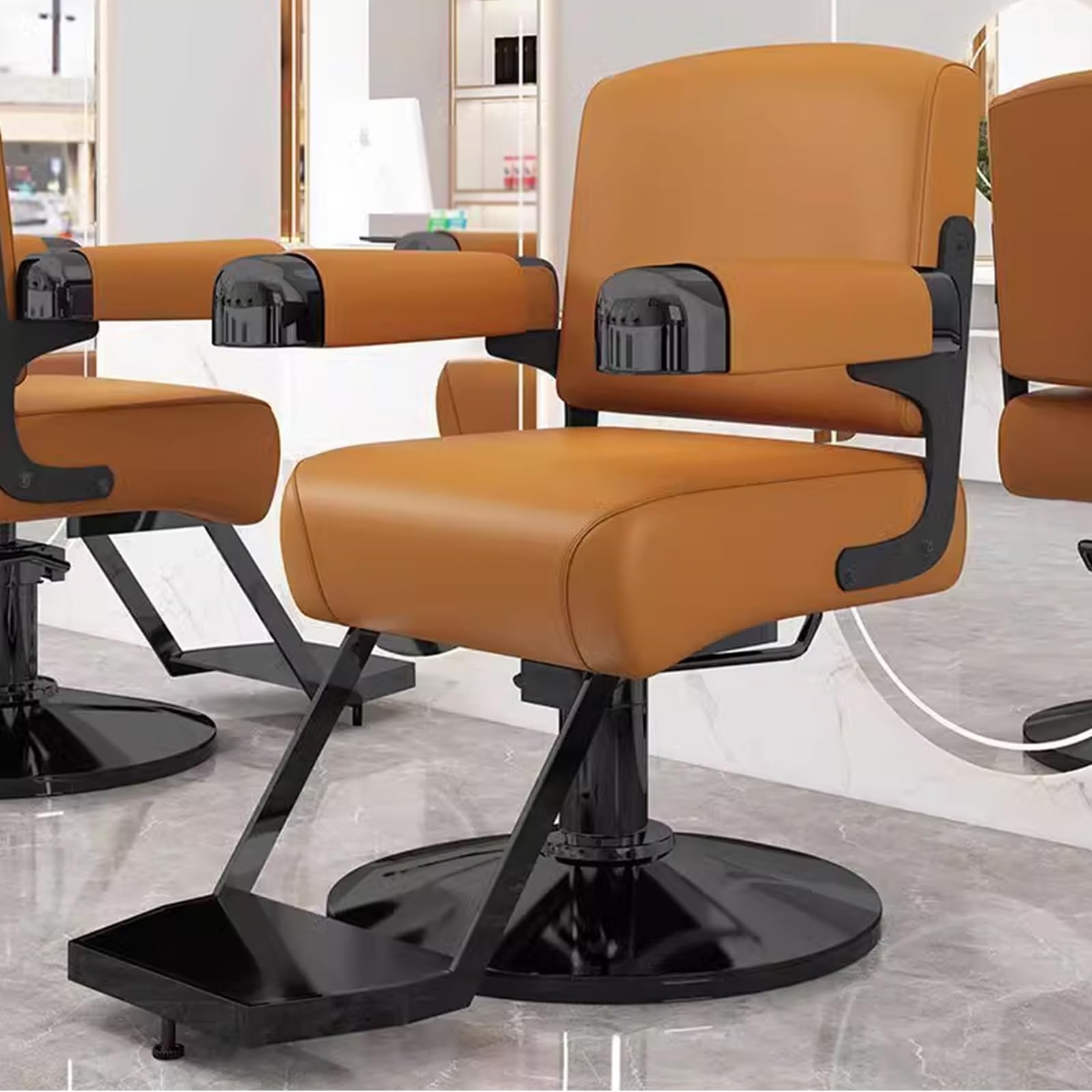 Friseurstühle, Premium-Friseurstuhl für Friseursalon und Zuhause – 360° drehbar, hydraulisch höhenverstellbar, PU-Leder mit Schwammkissen, schwarz galvanisiertes Gestell – Salon & Spa (Orang
