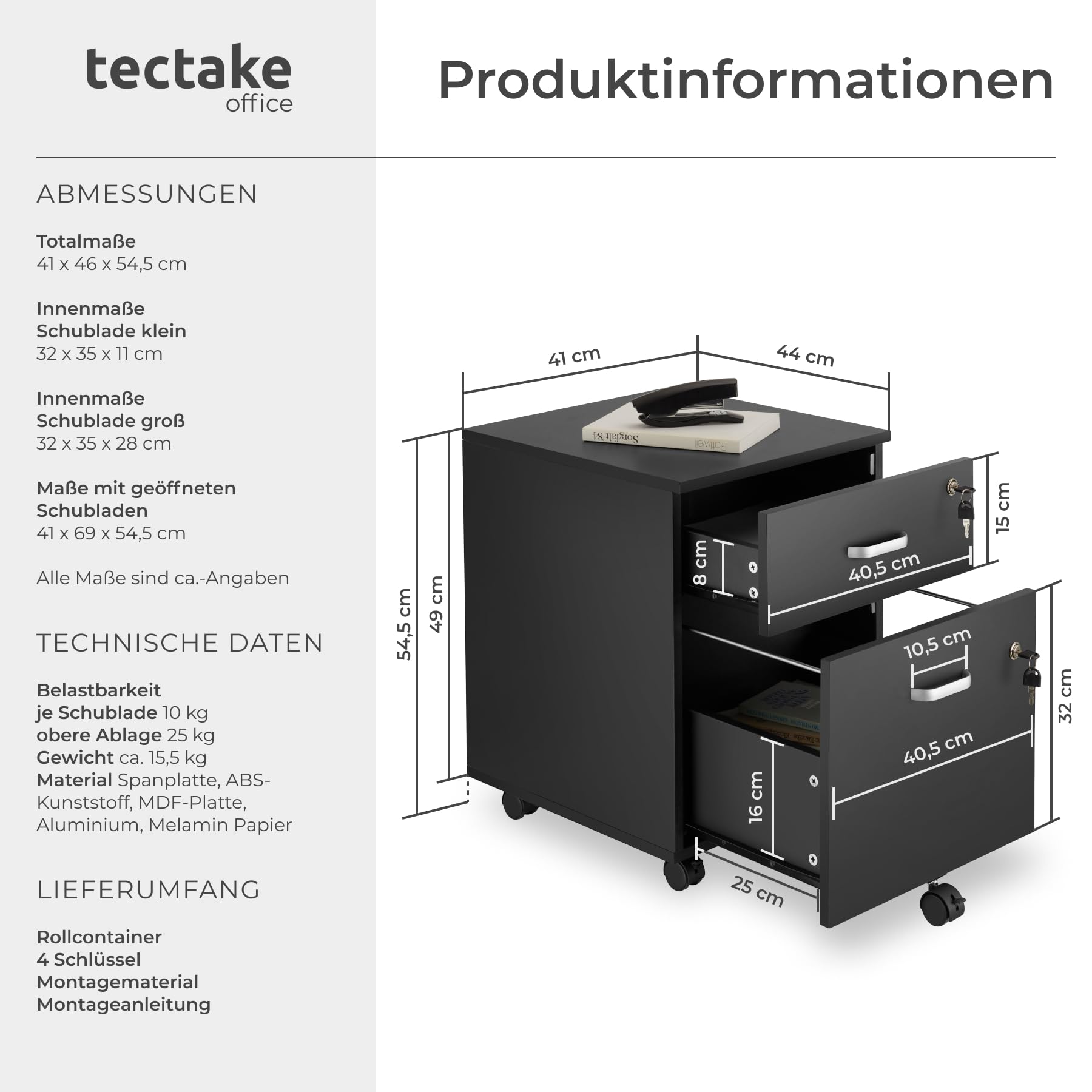 tectake® Rollcontainer mit Schubladen, Aktenschrank abschließbar, Kommode mit Schubladen, Rollwagen, Organizer für Dokumentenablage und Ordner A4 breit, Büroschrank, schwarz