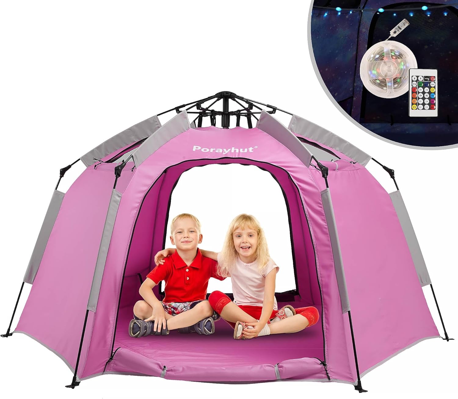 Portable Hexagon Kids Play Tent with LED Strip Lights Indoor Children Play House Easy Set-up Space Dream Tent for Night 4-5 Person & Birthday Gifts