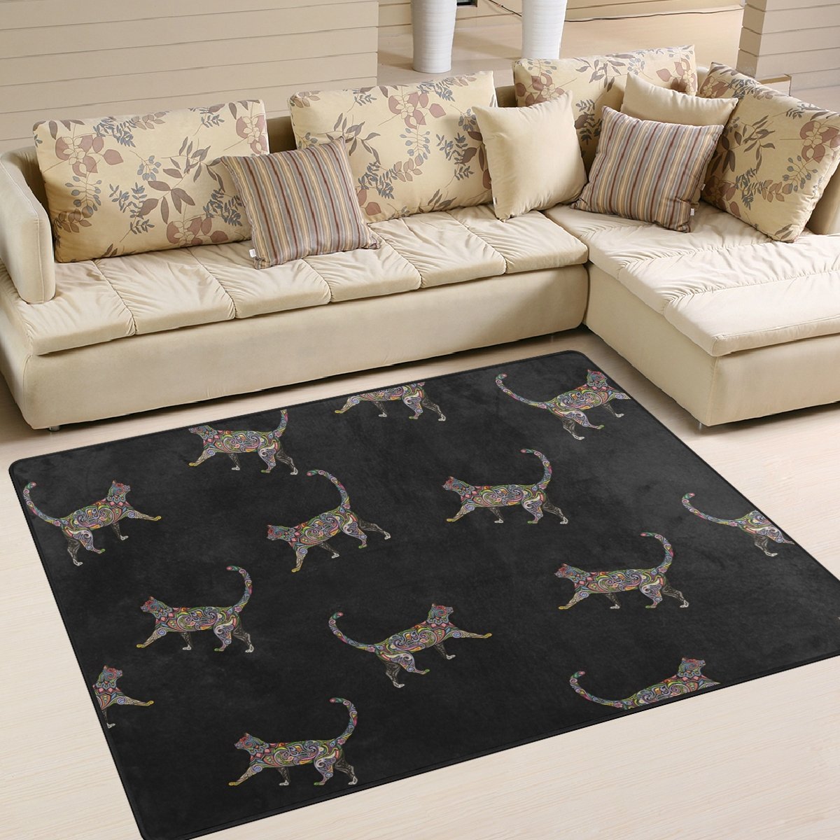 Mnsruu 203 x 147 cm Noir Style Ethnique Chat Imprimé Grande Surface Rugs Tapis de Sol antidérapant, léger, Utilisation pour Le Salon Chambre à Coucher Maison du Pont terrasse