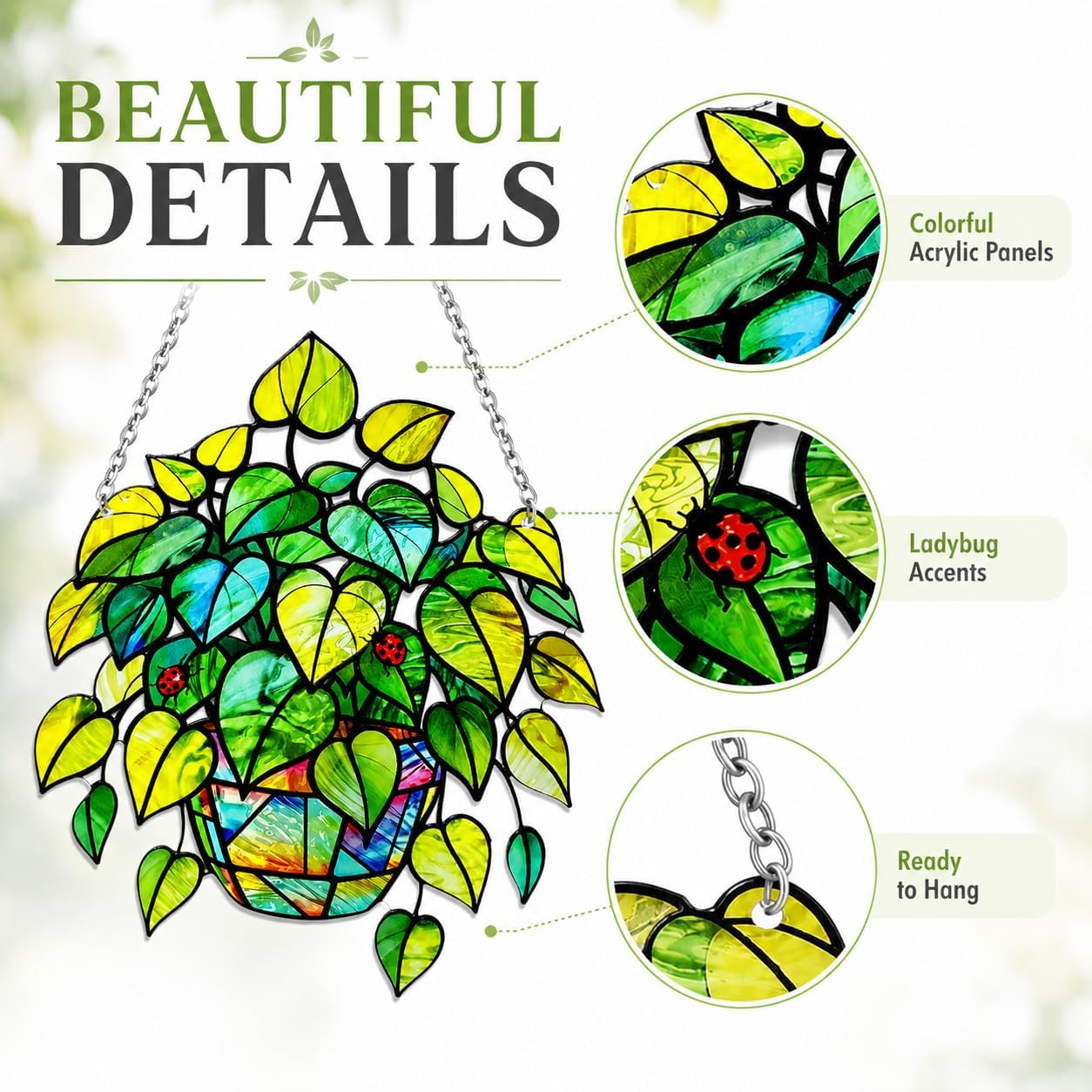 Hanging Plant Stained Glass Suncatcher Window Decor, Handmade Leaf Vine Sun Catcher with Ladybugs, Colorful Acrylic Hanging Ornament for Window Garden Patio Home Decor Gift for Women Mom