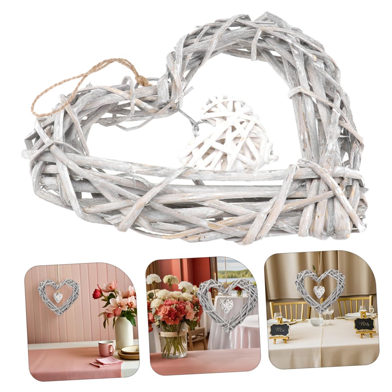 Homoyoyo 4 STÜCKE Rattan Herz Deko zum Aufhängen Handgefertigt mit Spitze Romantischer Weidenkranz für Hochzeit Party Schlafzimmer Wanddekoration Langlebig und Leicht Stilvolles Herz