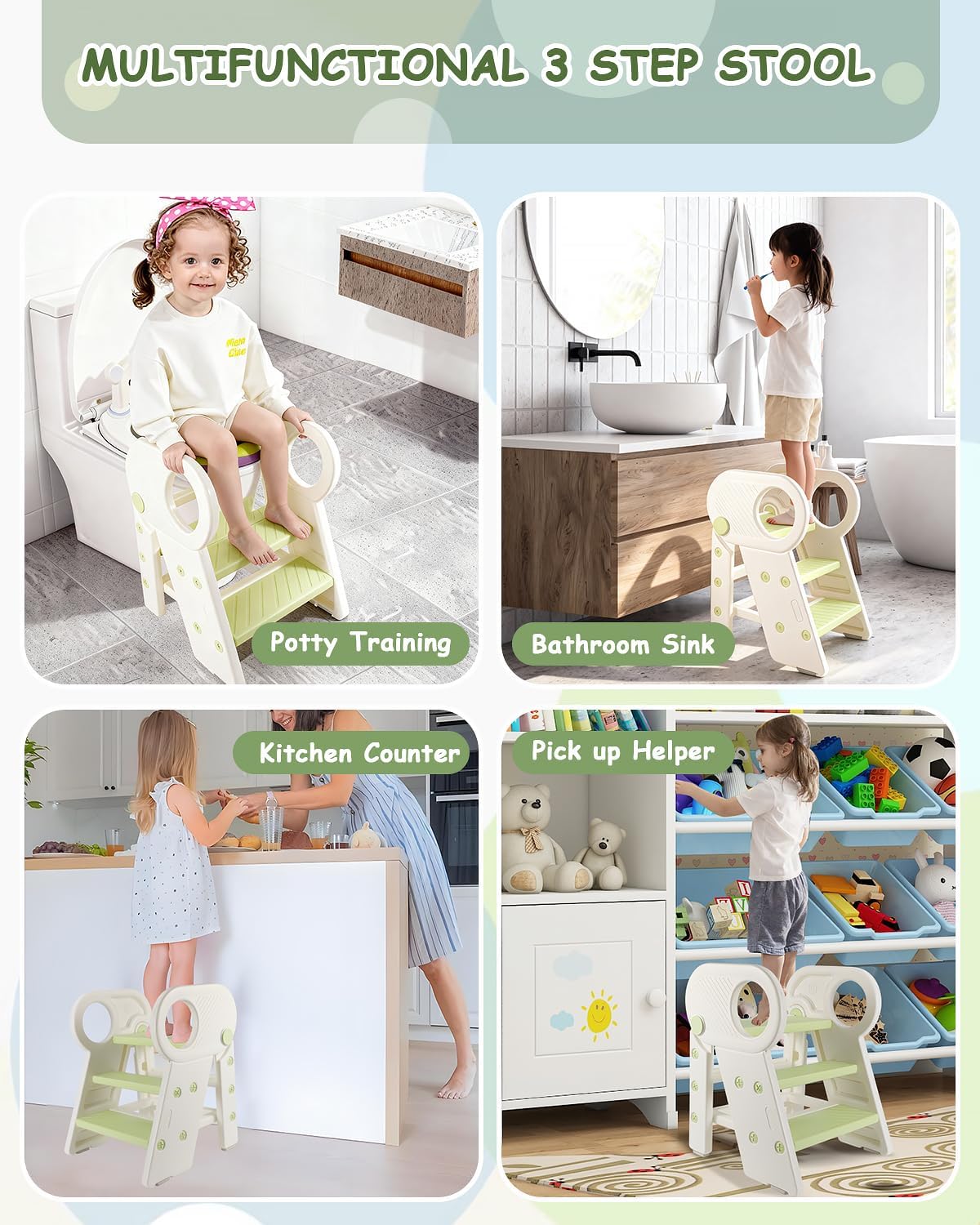 Baobrava Foldable Step Stool for Toddlers, Adjustable 3 Step Stool for Bathroom Sink, Toilet Potty Training Stool with Handles, Child Kitchen Counter Bedroom Bed Stool Helper