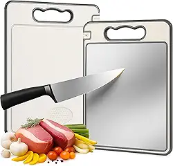 Tábua de Corte Inox para Cozinha Dupla Face + PP | Corte Higiênico para Carnes, Legumes e Frutas | Alça Ergonômica, Afiador Integrado, Borda Protetora | Fácil de Limpar, Uso Diário em Casa e Churrasco