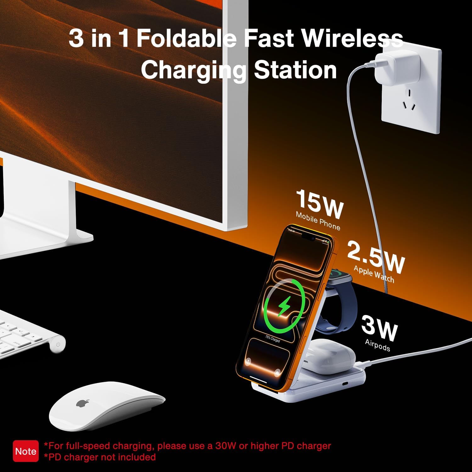 iVANKY Wireless Charging Station for iPhone 17, 3 in 1 Foldable Charger for MagSafe Magnetic Stand for iPhone 17/16/15/14/13/12/X Pro/Max/Plus/Air, Apple Watch, Airpods, Ivory (With 33W Power Adapter)