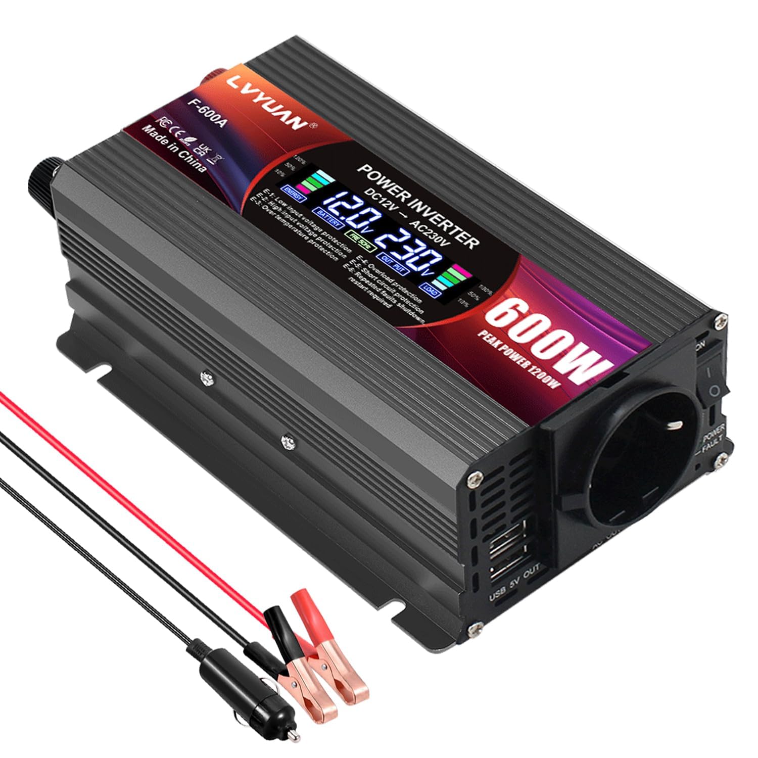 LVYUAN 600W/ 1200W Convertisseur de Tension CC 12 V à CA 220 V | 1 prise CA et 2 ports USB Convertisseur de courant Onduleur pour voiture, camping-car, camion