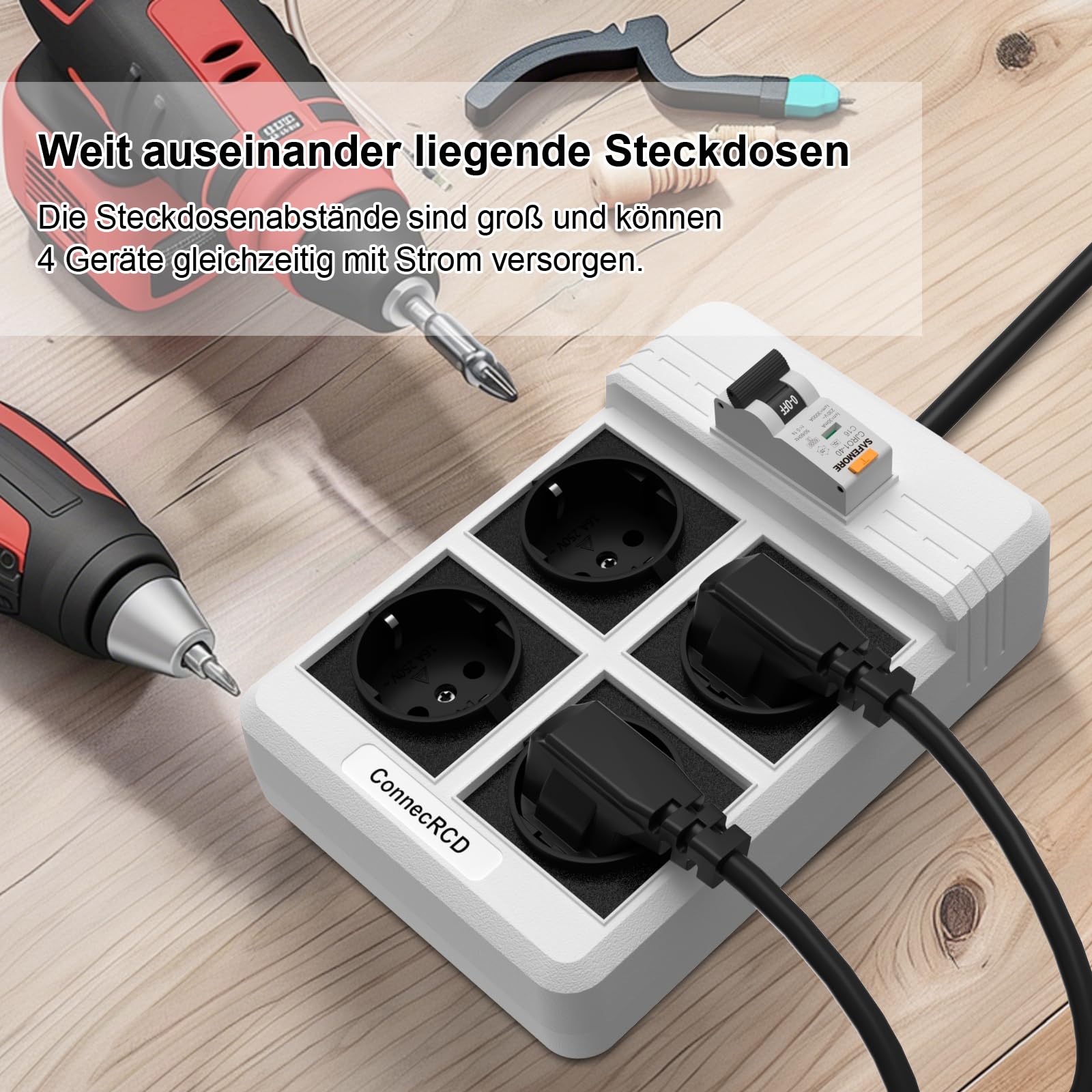 Prise avec disjoncteur FI, RCD avec 4 prises (16 A, 4000 W), multiprise FI avec rallonge de 3 m et protection contre le courant différentiel de 30 mA, protection contre les surcharges et les