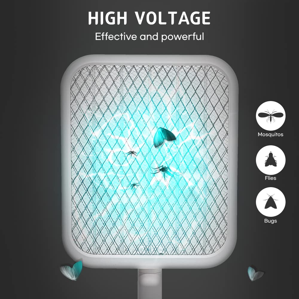BANU - Raqueta eléctrica plegable en ángulo de 180 grados, ideal para matamoscas 2 en 1, lámpara recargable de 1200 mAh con 3 capas de malla de seguridad para interiores y exteriores