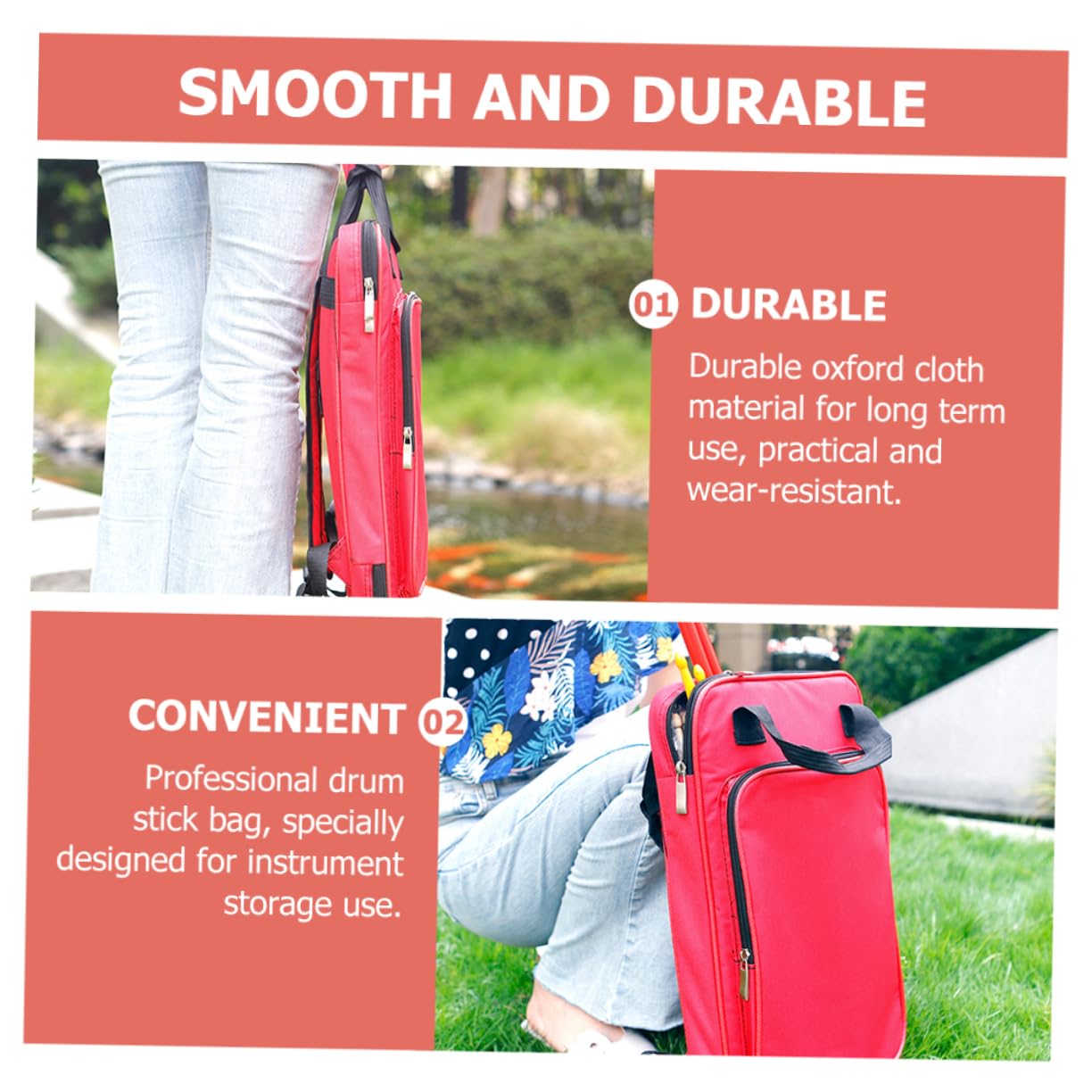 Bolsa de Transporte Profesional para Baquetas Roja | Oxford Algodón y Carbono, Formato Mochila, para Salas de Práctica y Escenarios