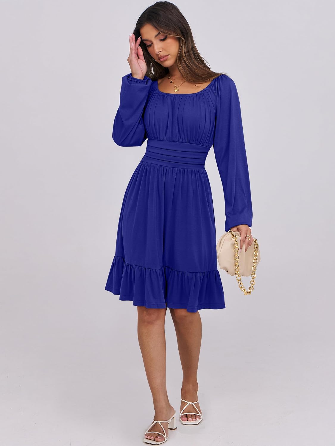  Women Long Lantern Sleeve Square Neck Fall Short Dress thumbnail