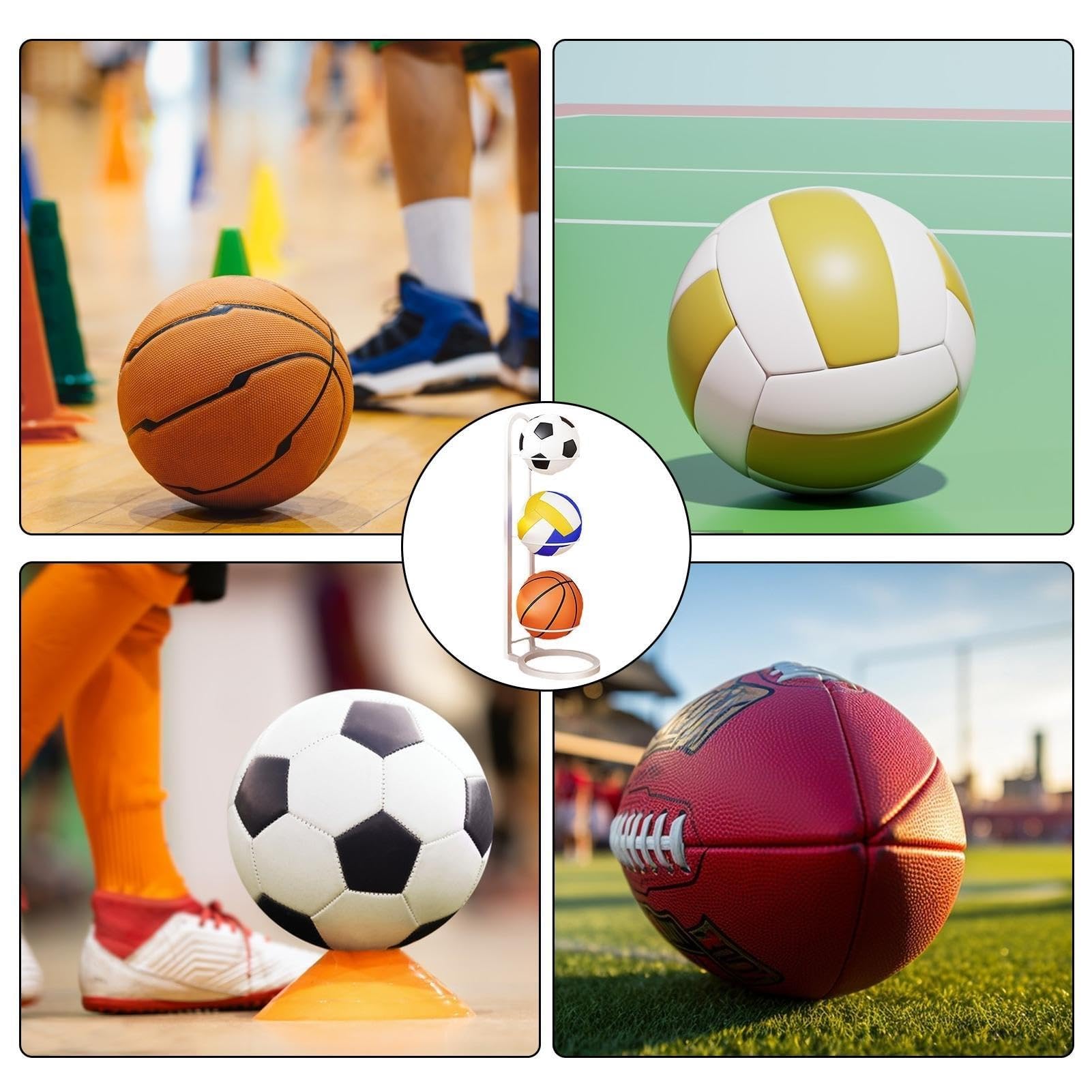 3-warstwowy biały stojak do przechowywania piłek do koszykówki i piłki nożnej do garażu i domu oszczędzający miejsce uchwyt na sprzęt sportowy i stylowy design.