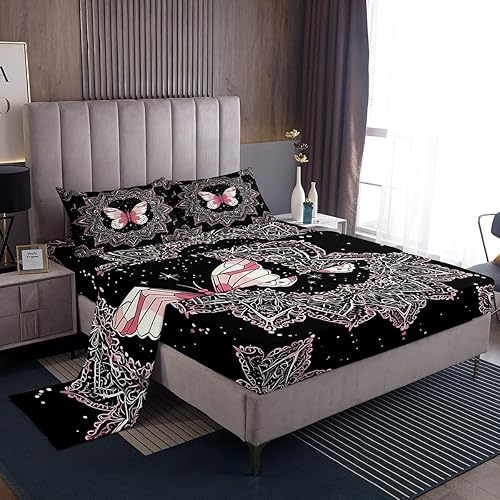 Feelyou Juego de sábanas de mariposa tamaño Queen para niños y niñas, juego de sábanas de mandala bohemio para niños, sábanas negras y rosas con