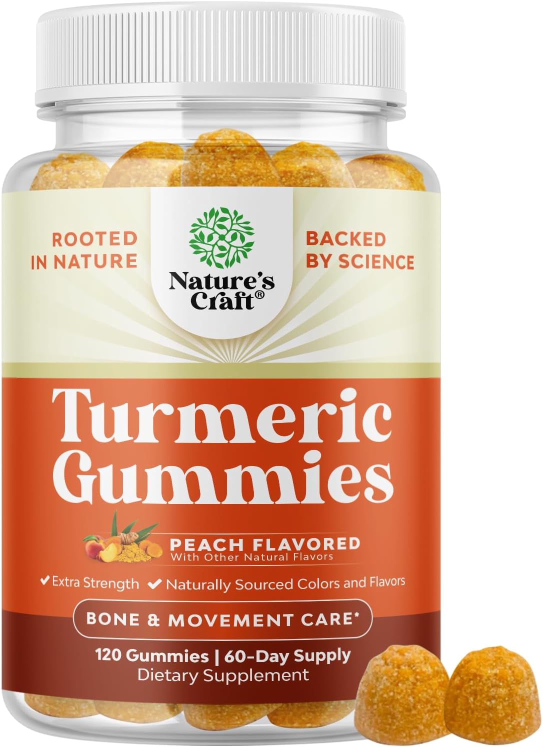 Natures Craft Turmeric Gummies for Adults - Extra Strength Immune Support Gummies with Turmeric Curcumin, Black Pepper Extract and Ginger - Peach Flavor Vitamins for Adults - 120 Count