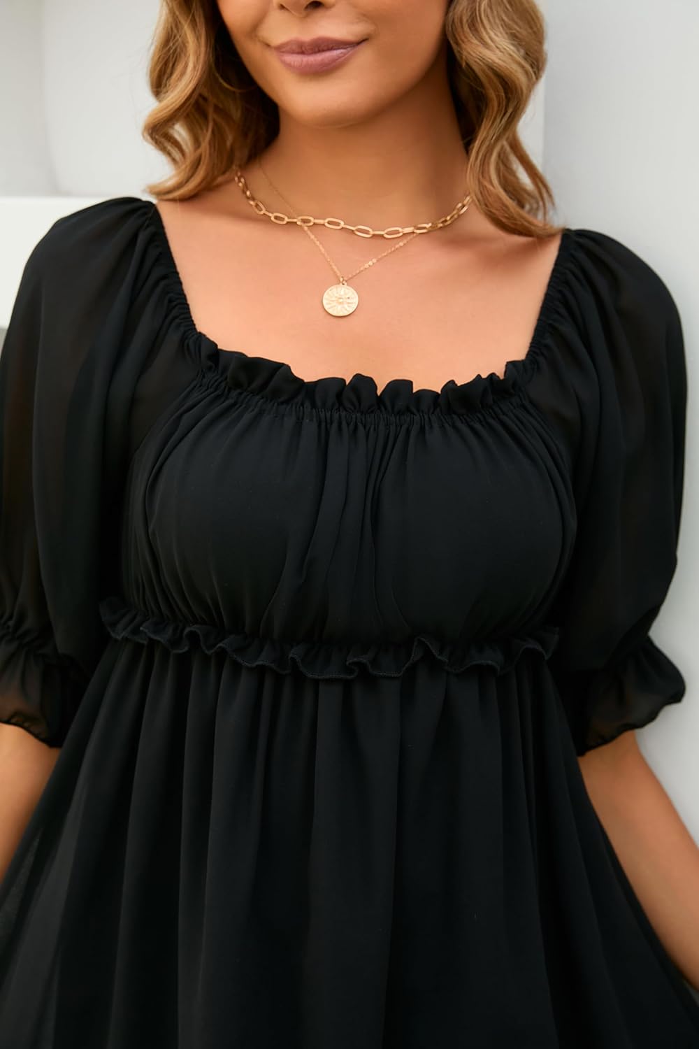 Women's Summer Dress Boho Short Sleeve Mini Dresses Square Neck Ruffle Mini Beach Dresses - Image 6