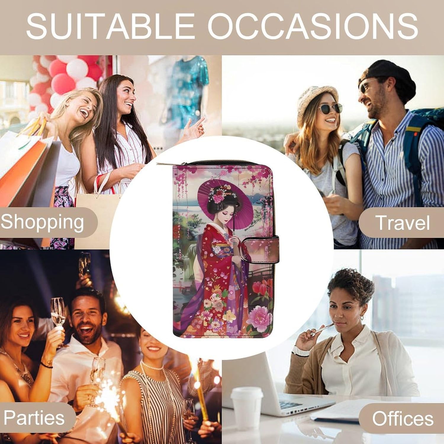 Japanese Beauty Kimono Leather Wallets,Long Wallet Purse,Slim Thin Leather Bifold Card Holder Wallet,Adjustable Buckle,Multi Cards Case,Large Capacity