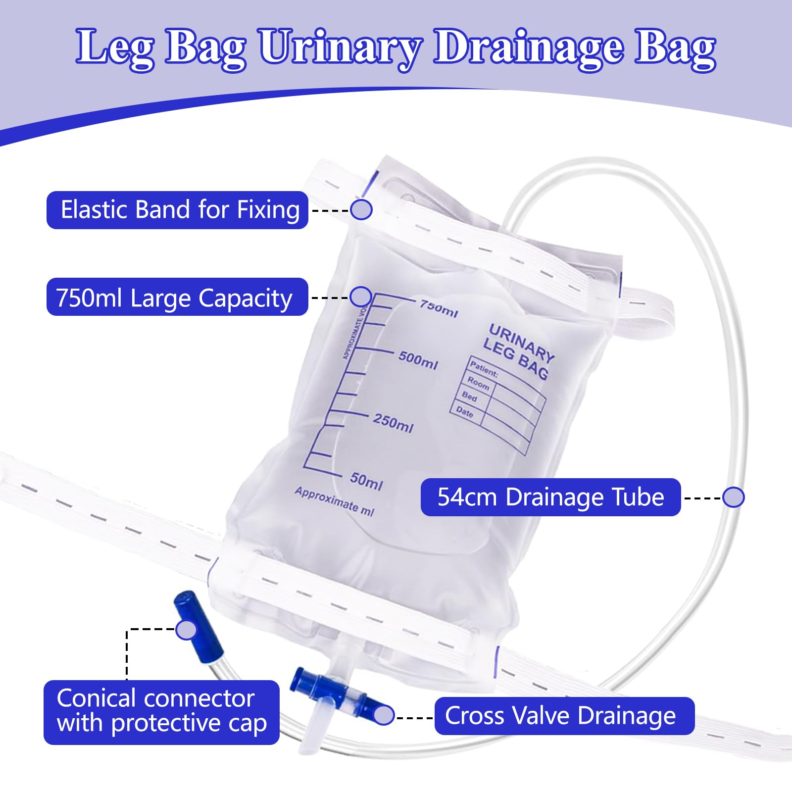 10pcs Bolsas de Orina para Pierna 750ml, Bolsas de Drenaje Orina con Película Antirreflujo, Bolsa de Recogida de Orina, Bolsa de Drenaje con Válvula, Drenaje y Correas de Tela