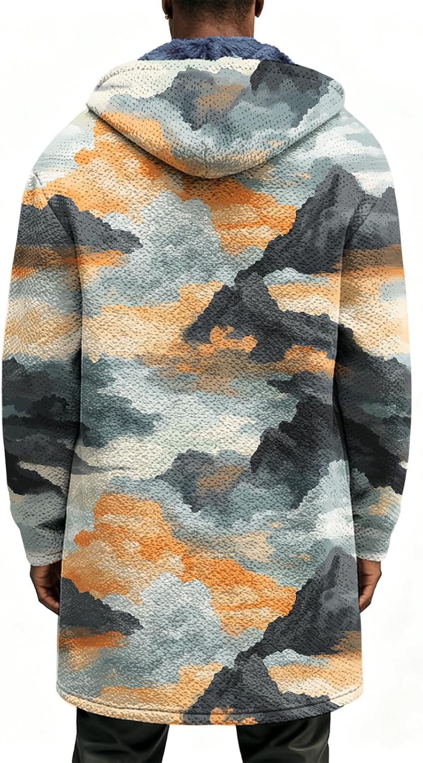 Japanese Graphic Fleece Long Jacket for Men Fall Winter Fashion Zip Up Hooded Coat Casual Warm Daily Wear - Image 4